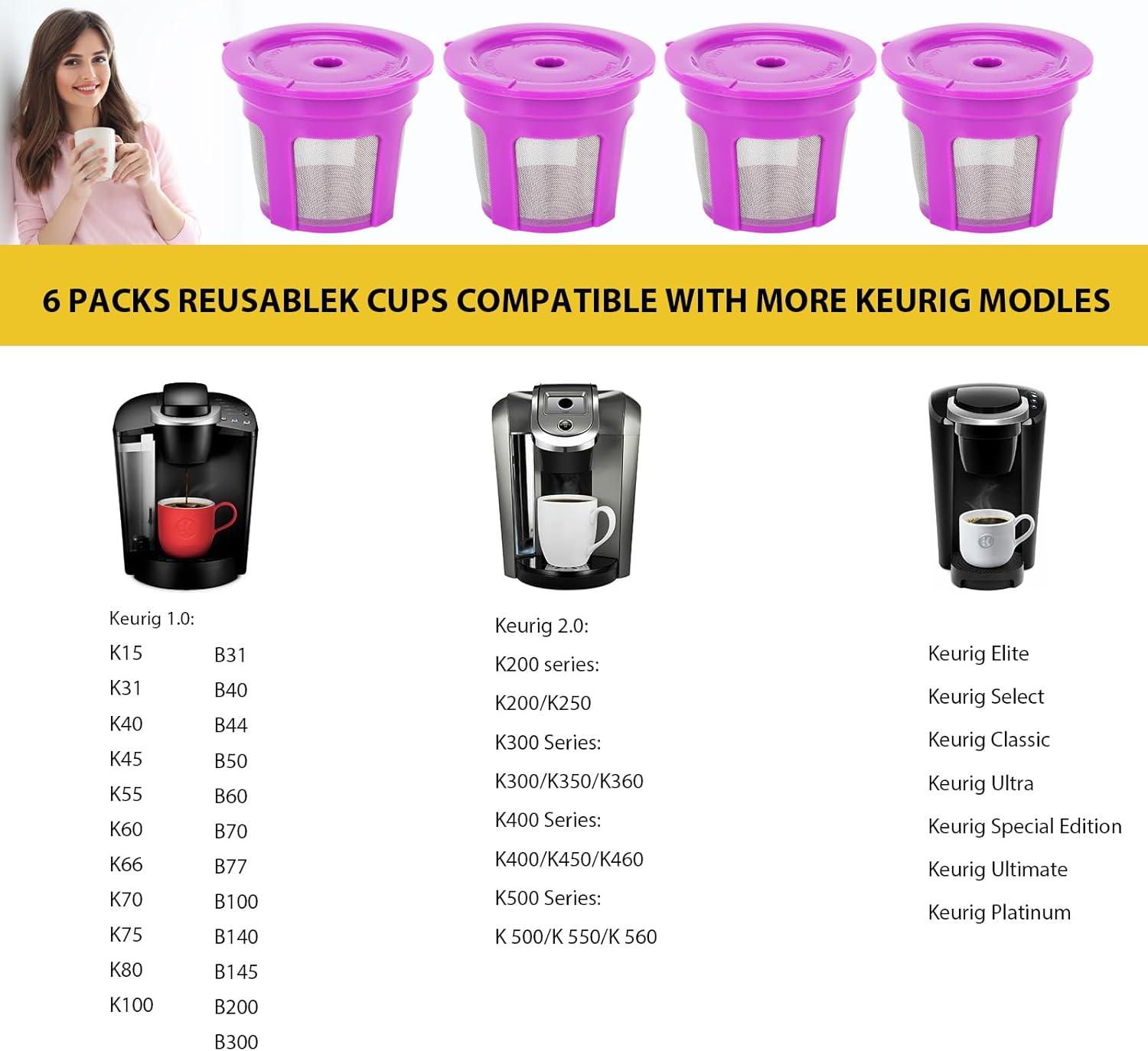 MaxRona – Tazas K reutilizables para Keurig 2.0 y 1.0, paquetes de 8 cápsulas de café reutilizables universales, filtro de café K Cups recargables