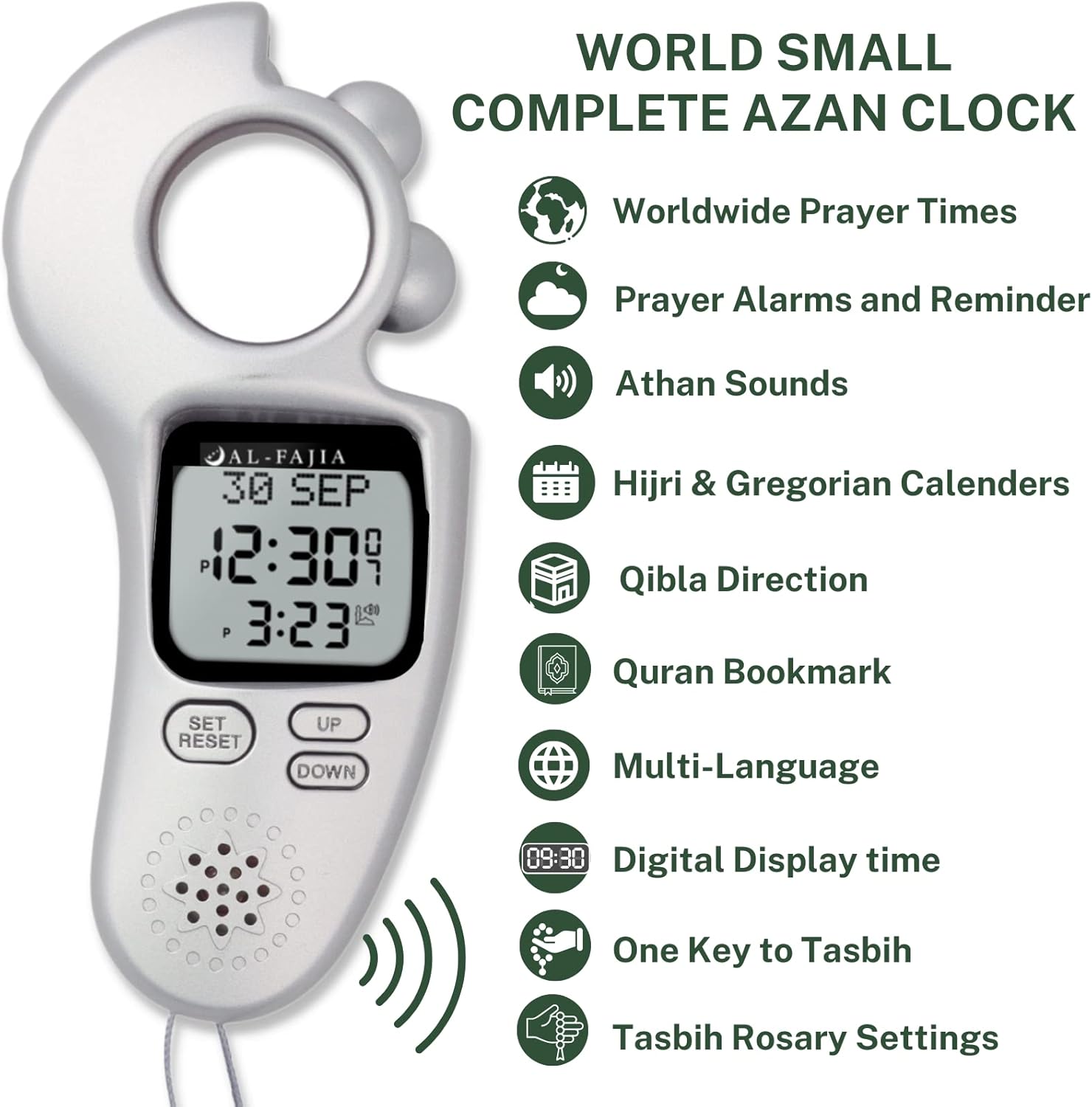 AL-FAJIA Contador digital Tasbih digital con recordatorio de sonido islámico y recordatorio, reloj Azan completo para Estados Unidos y en todo el