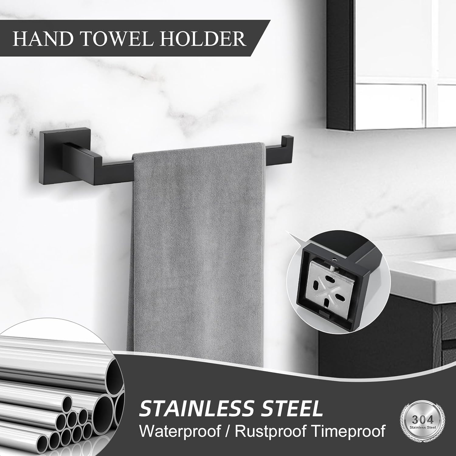 TURS Juego de accesorios de baño negro de 4 piezas, incluye toallero de 24 pulgadas, soporte para toallas de mano, gancho para toallas, soporte para