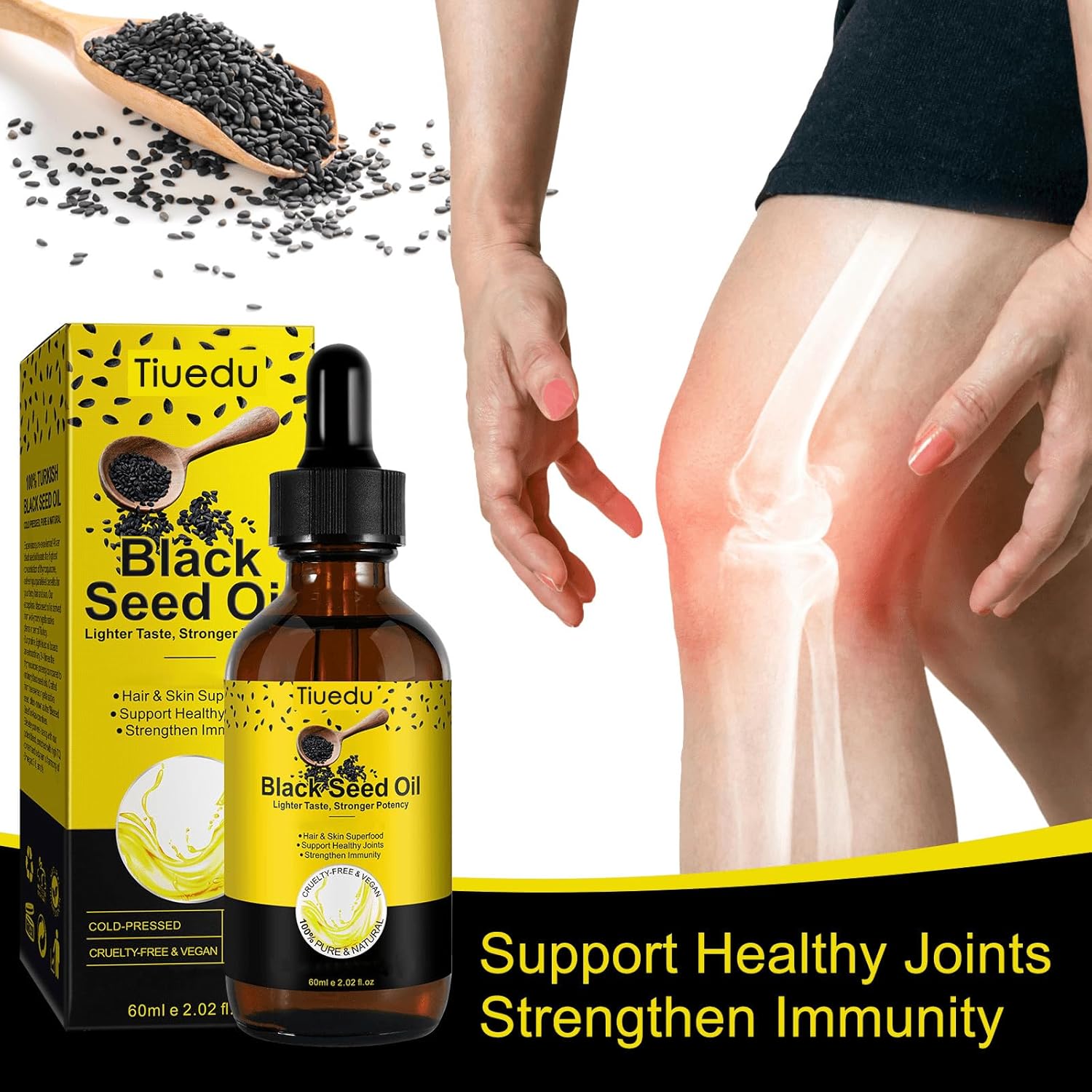 Tiuedu Aceite de semilla negra orgánica para cabello, cuerpo y piel, 100% puro, aceite de semilla negra prensado en frío, mejor para articulaciones