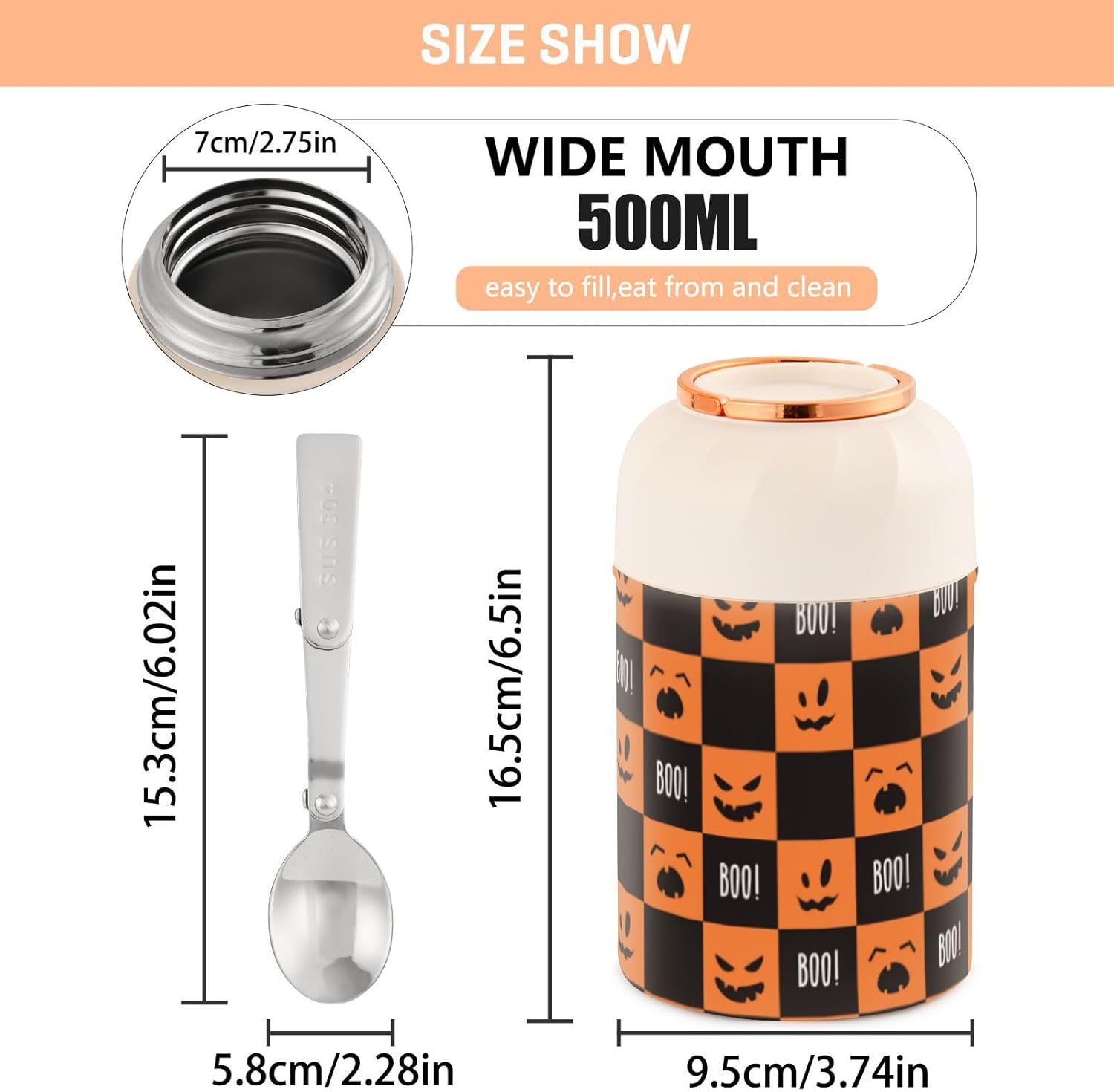 Faces Halloween – Recipientes de comida aislados para niños y mujeres con cuchara de 17 onzas  16.9 fl oz, recipientes para almuerzo de acero