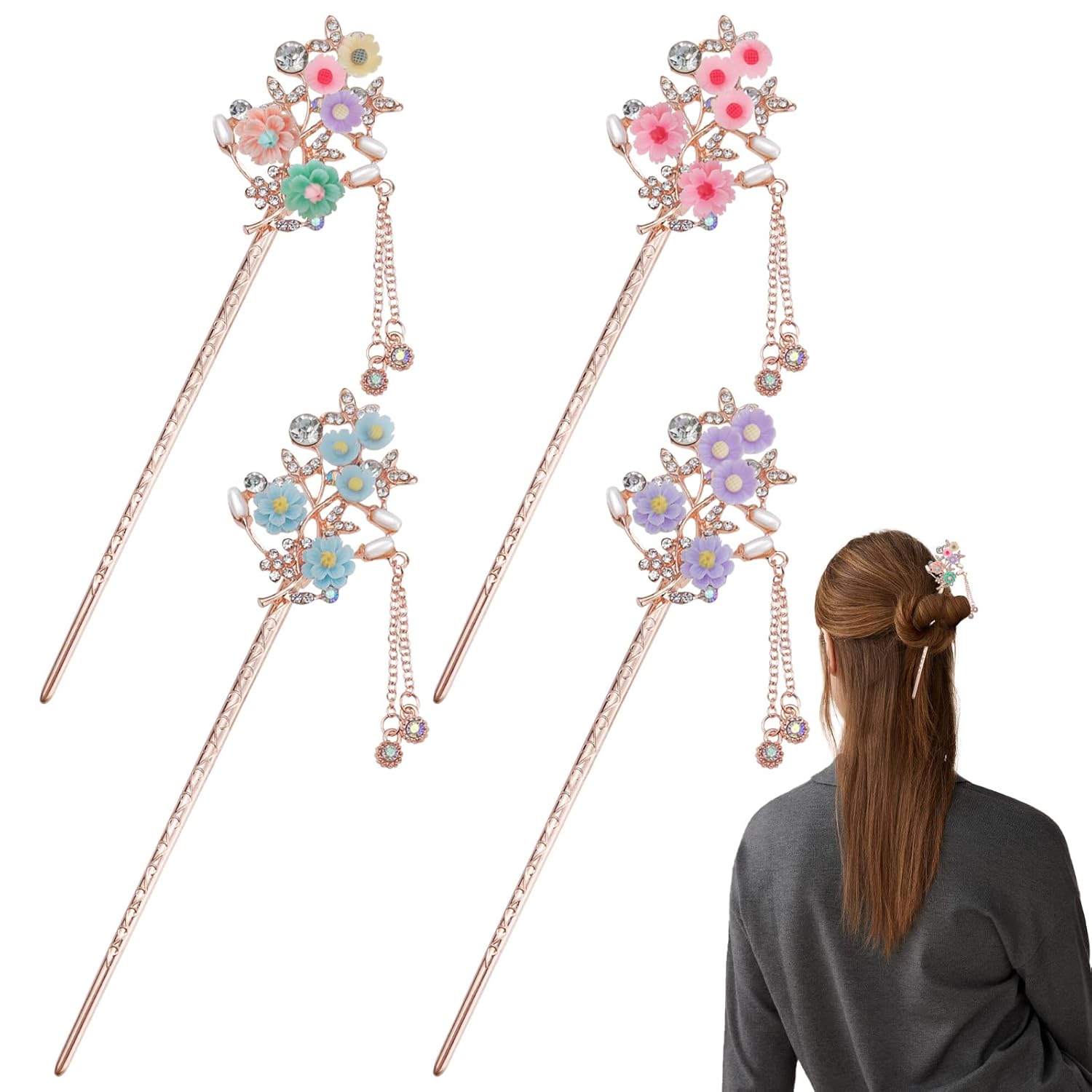 Paquete de 4 palillos para el cabello con flores de diamantes de imitación para moños, palillos de pelo con borlas vintage, accesorios de peinado