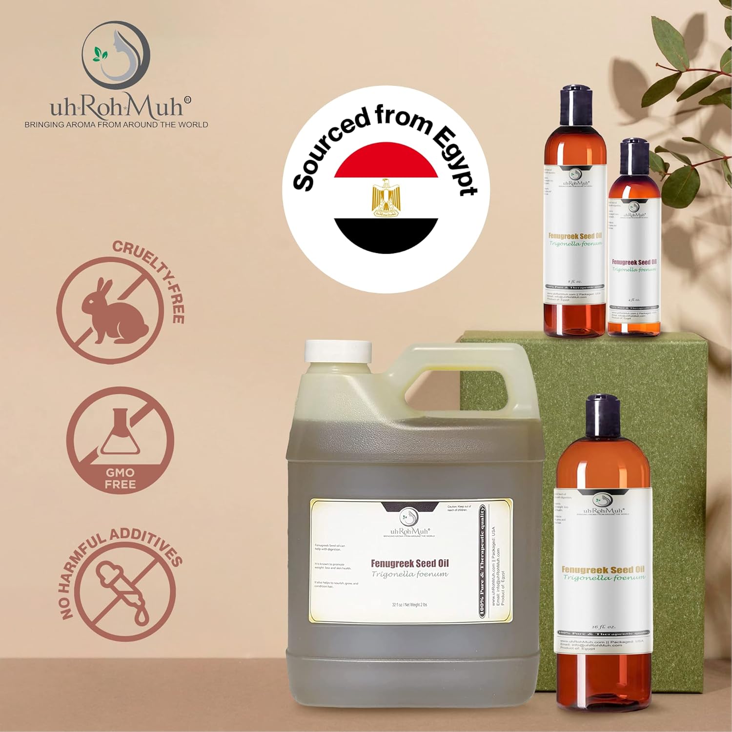 uh*Roh*Muh Aceite portador de fenogreco egipcio de 4 onzas líquidas, prensado en frío, convencional, puro y sin adulterar, perfecto para el cabello,