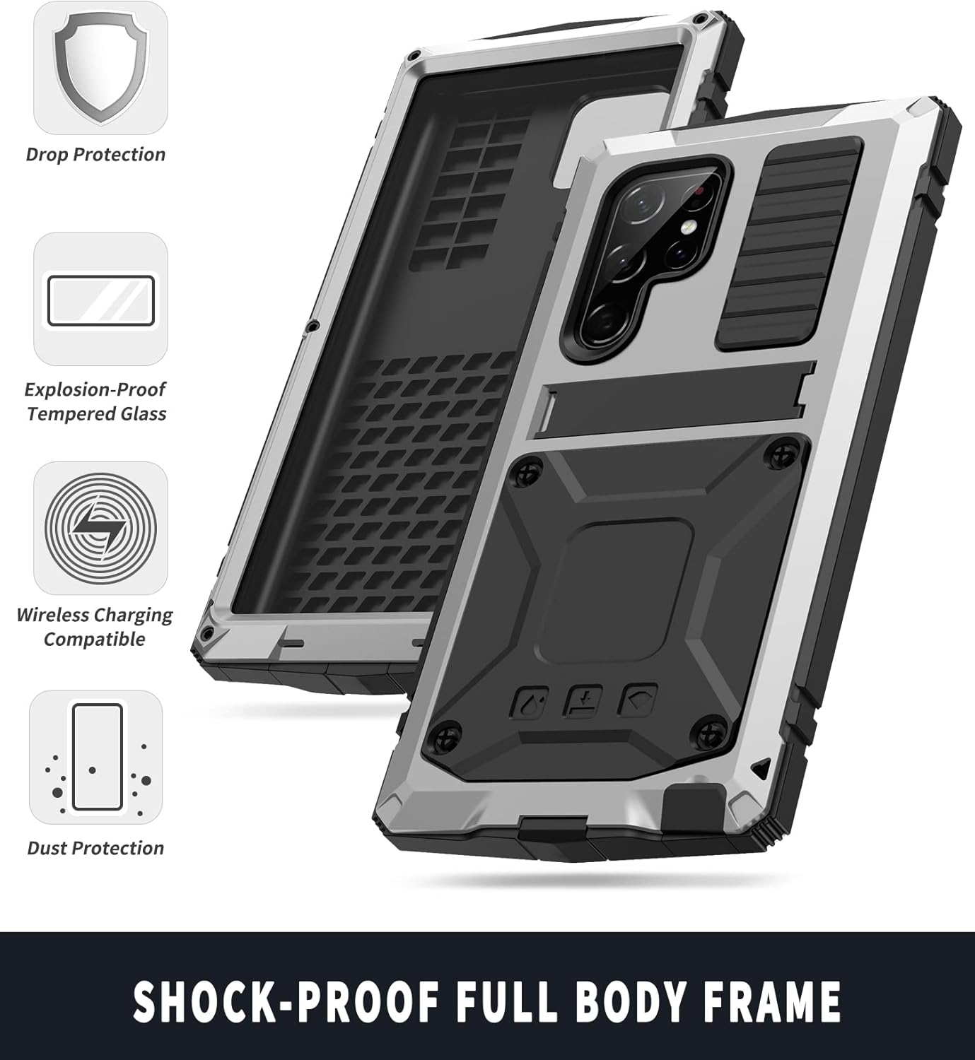 Funda de metal para Samsung S22 Ultra 5G con protector de pantalla con función atril, resistente armadura militar duradera, cuerpo completo,