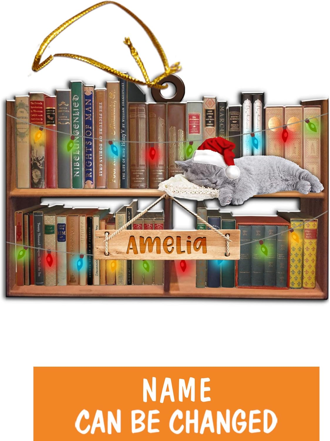 Adorno de Navidad personalizado para amantes de los libros, adorno de gato y pila de libros, adorno de Navidad de libro de lectura, regalo para su
