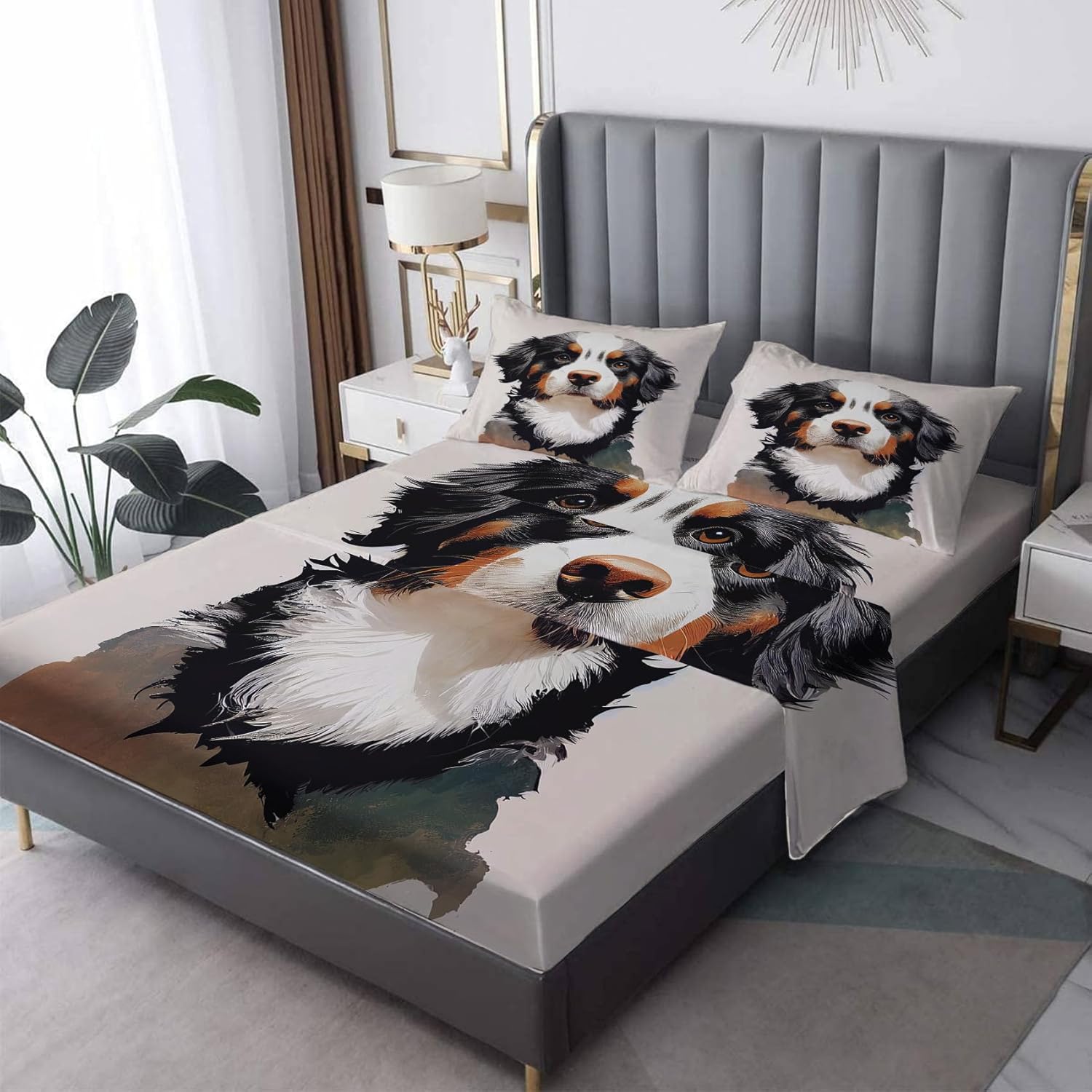 Sábanas de perro de montaña bernés tamaño Queen  Sábanas de microfibra suave y bolsillo profundo y sábanas estampadas sin arrugas, 4 piezas (1