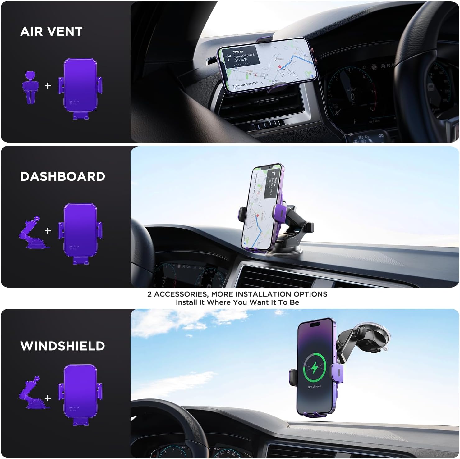 Cargador de coche inalámbrico, retroiluminación RGB de 7 colores soporte de teléfono para iPhone 15 14 13 12 Mini Pro Max 11 XR, Samsung Galaxy S24