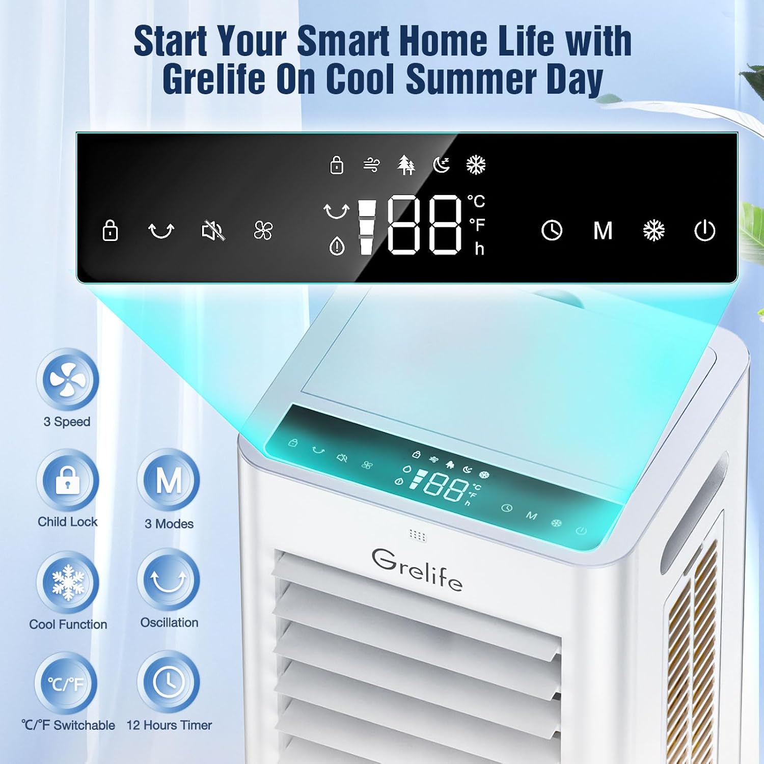 Grelife Enfriador de aire evaporativo portátil, ventilador de enfriamiento de aire 3 en 1 con control remoto, temporizador de 12 horas, 4 paquetes