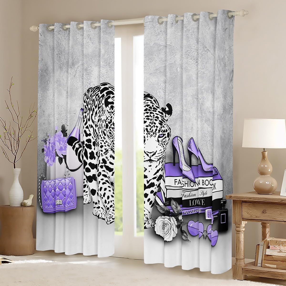 Cortina de ventana con estampado de leopardo y guepardo, para niños y niñas, cortinas de tacón de rosas moradas, cortinas de moda para mujeres,