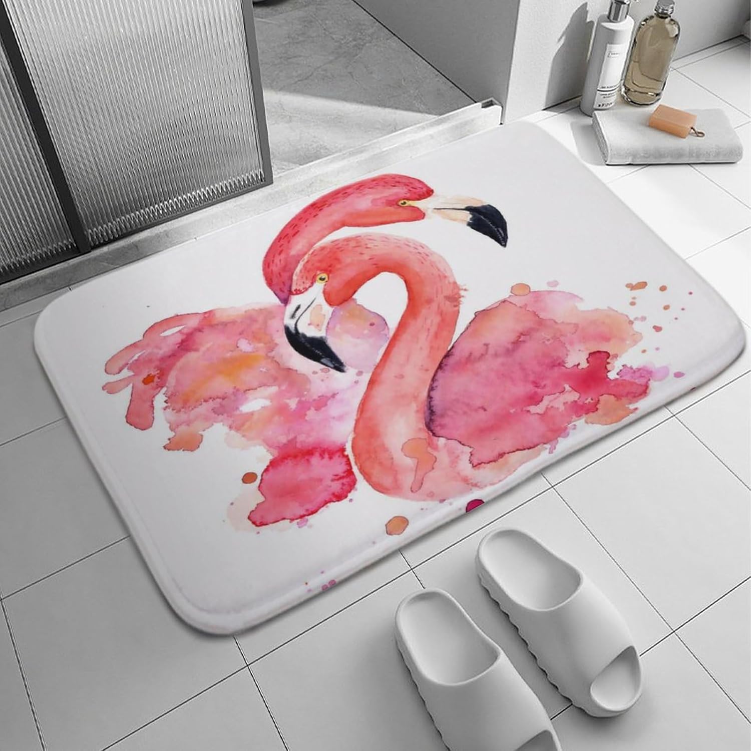 MoBlinko Alfombra de baño antideslizante con diseño de flamenco y acuarela, color rosa, flamenco, lavable, para interiores, cocina, pasillo, baño,