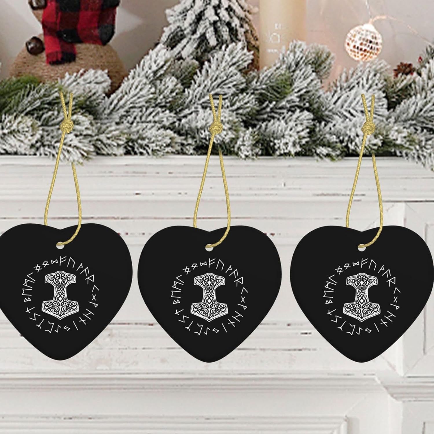 Vikings Mjolnir and Rune Wheel Norse Mythology Symbol Christmas Ornaments, Ceremic Ornaments Heart Shaped Porcelain Ornament Christmas Tree Home