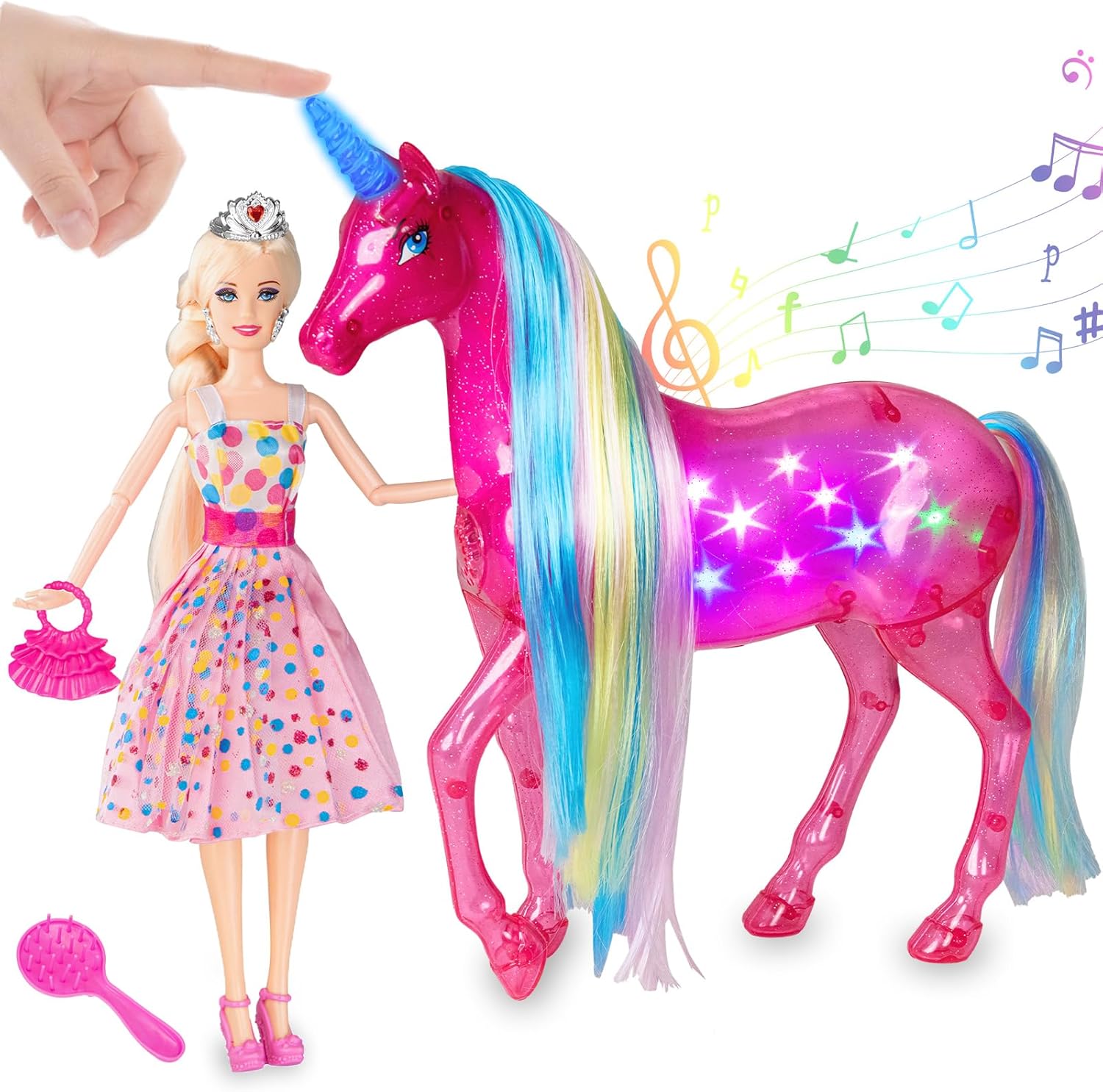 BETTINA Juego de muñecas grandes de unicornio y princesa con luces y sonidos, juguetes mágicos de unicornio, muñecas de 11.5 pulgadas, juego de