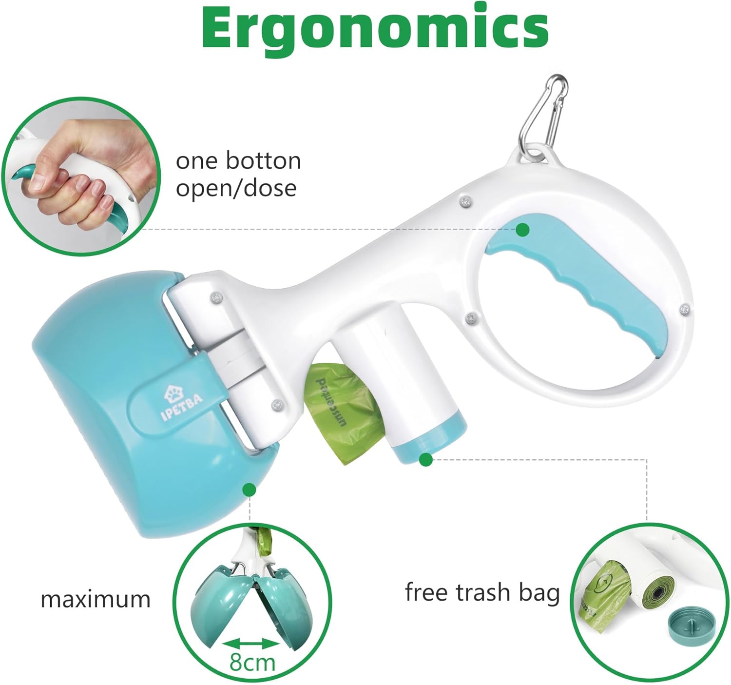 Cuchara para excrementos de perros con bolsa adjunta  3 en 1 Recogedor portátil de excremento de perro con un botón, ligero, recogedor de desechos
