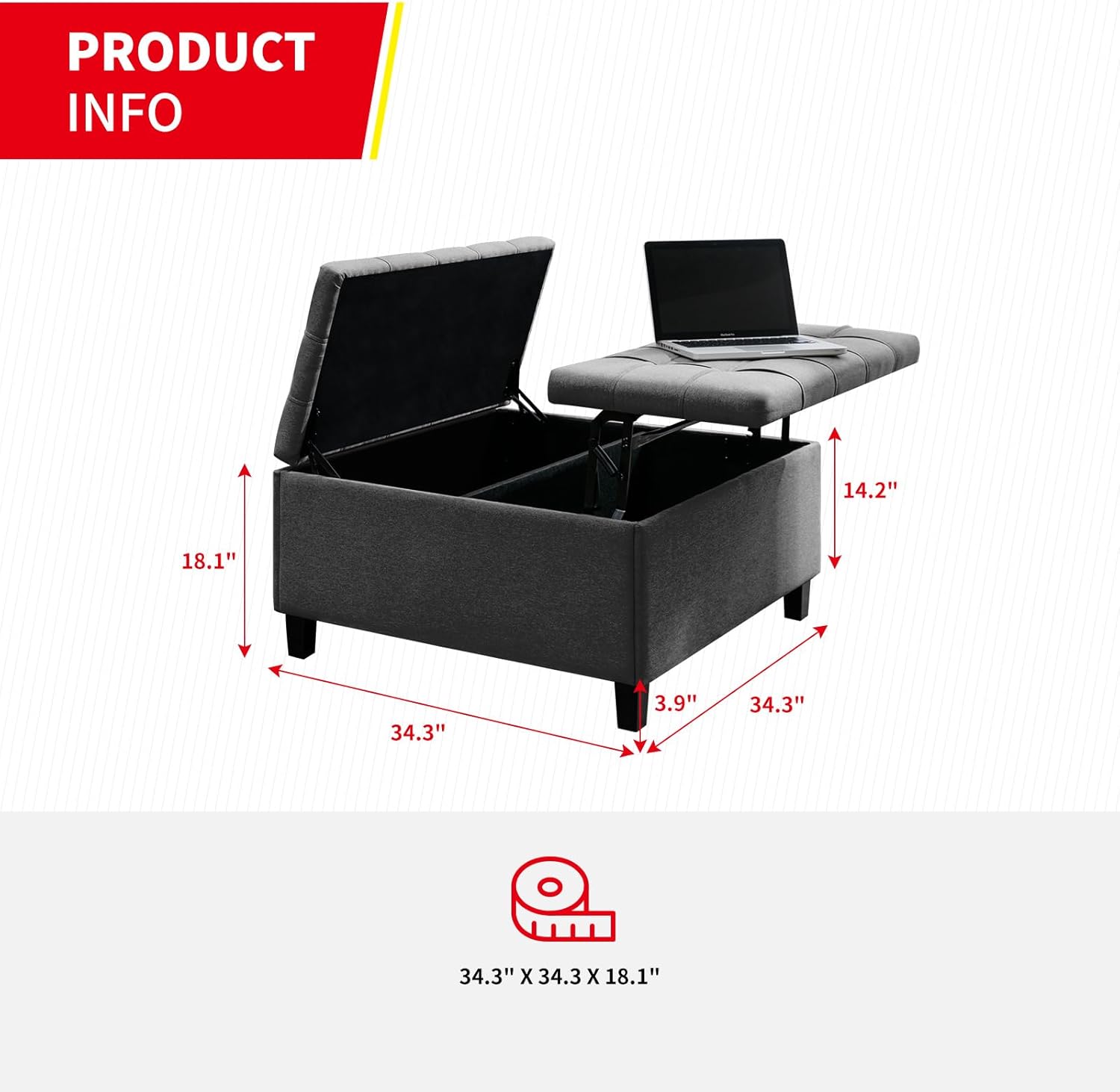 Mesa de centro otomana con elevador, otomana cuadrada con almacenamiento, tela de lino y patas de madera, reposapiés tapizado con asiento acolchado