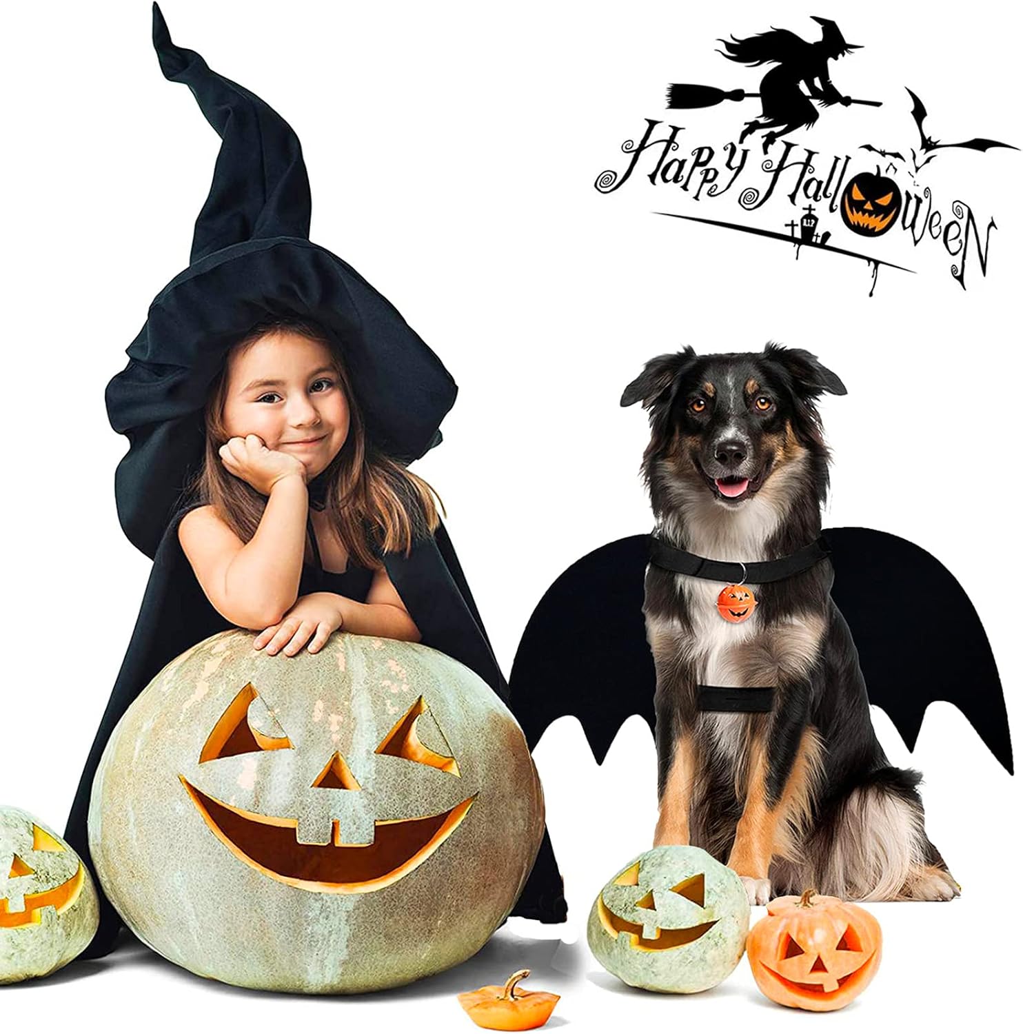 Alas de murciélago para perro, disfraz de Halloween para perros medianos y grandes, ropa divertida para perros con correas y campanas de calabaza,