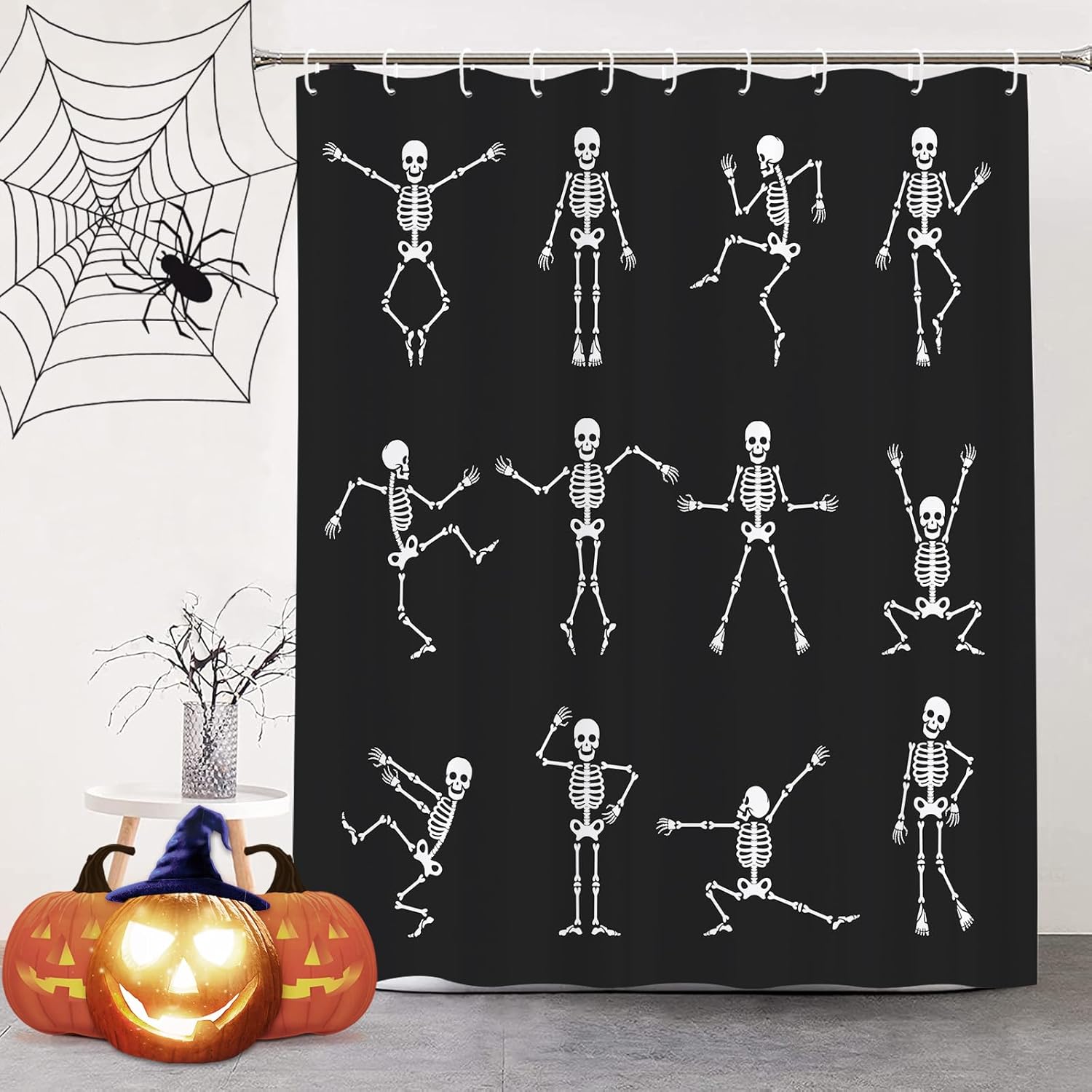 Juego de cortina de ducha con diseño de calavera de esqueleto, divertido baile de Halloween, danza, caricaturas, fiestas, vintage, con 12 ganchos,