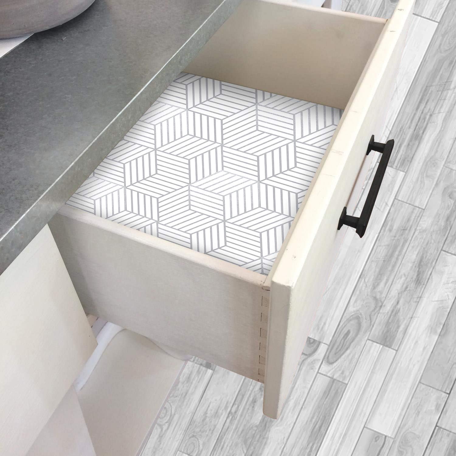 WENMER Papel tapiz hexagonal geométrico, papel de contacto de 17.71 x 78.7 pulgadas, papel tapiz hexagonal geométrico plateado para despegar y