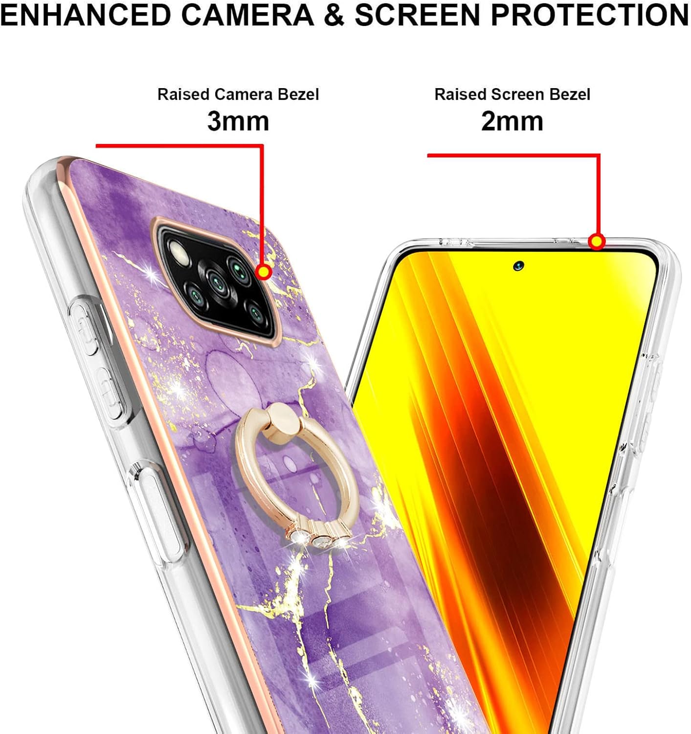 Monwutong Funda de teléfono para Xiaomi Poco X3 NFC, IMD patrón de mármol brillante anillo Kickstand caso para niñas, lente de cámara y cubierta