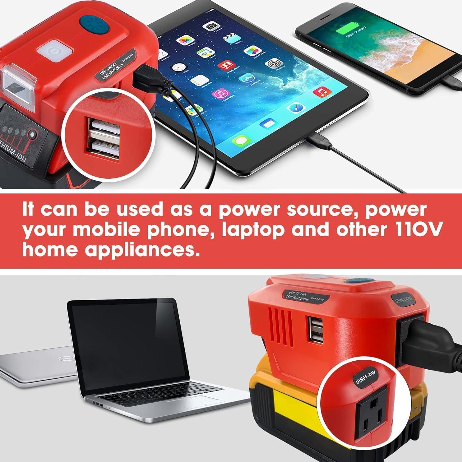 Adaptador de cargador USB Dewalt, para Dewalt inversor alimentado por 150 W, convertidor de 18 V CC a CA 110 V 120 V con luz LED