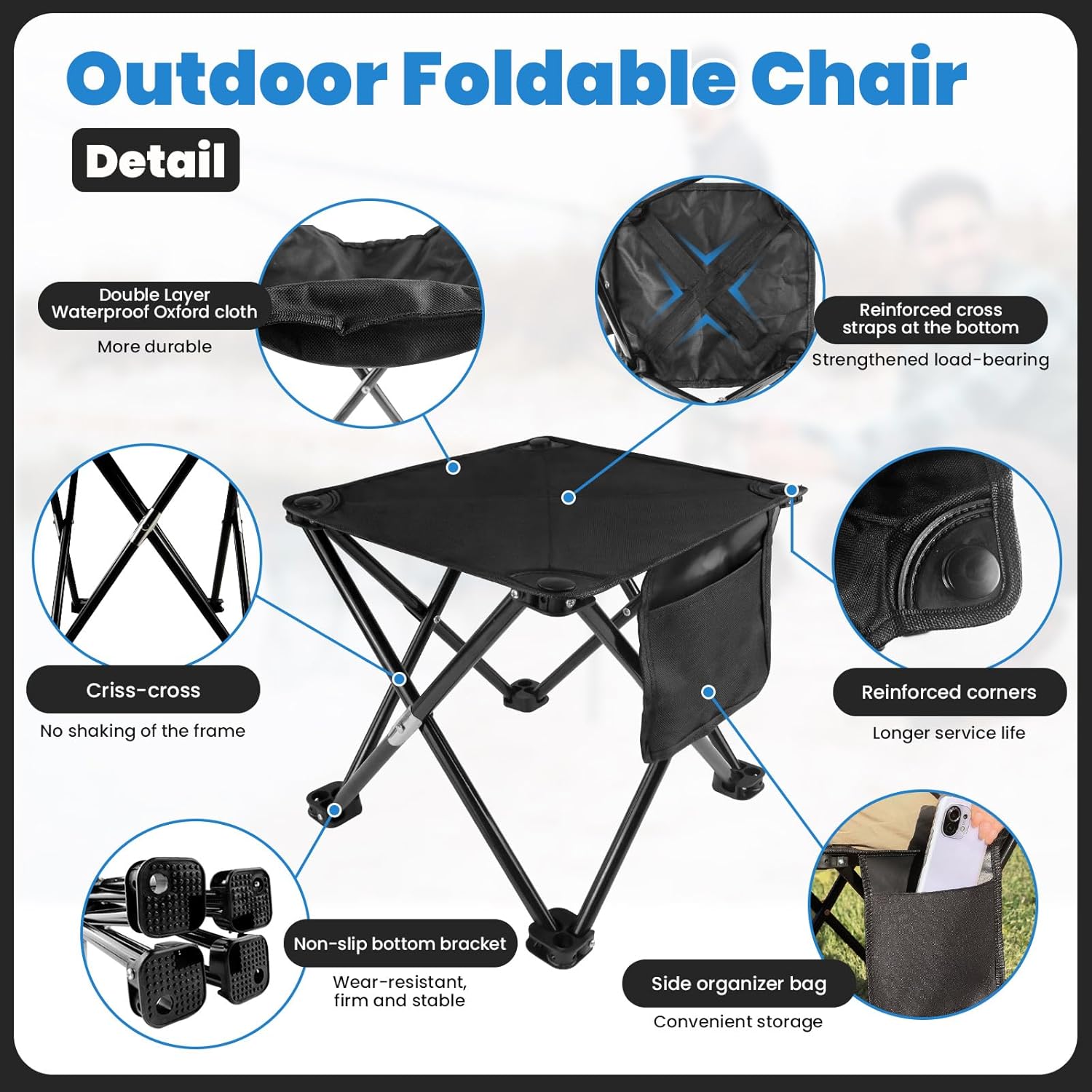 Roucerlin Taburete plegable para acampar con bolsillo lateral y bolsa de transporte, taburete portátil de campamento de pesca de 12.9 pulgadas,