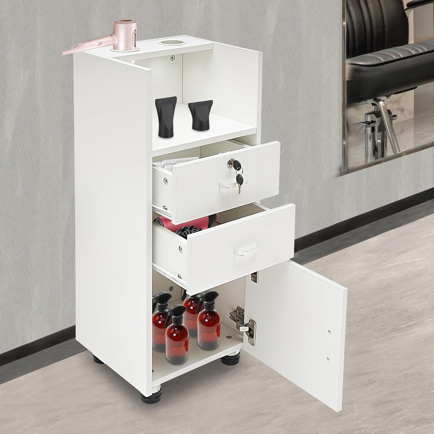 Gabinete de almacenamiento para estaciones de peluquería de 5 capas con cajón y ruedas, 2 soportes para secador de pelo, para estilista, peluquería,