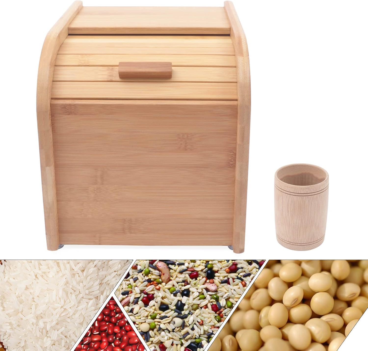 Contenedor de madera para almacenamiento de arroz con taza medidora, caja de almacenamiento en seco para cereales de harina, capacidad de 11 libras