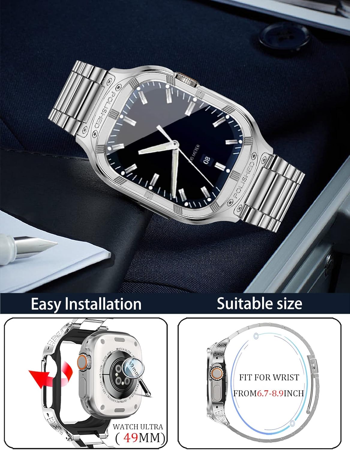 San Jeirie Funda y correa de acero inoxidable compatible con Apple Watch UltraUltra 2 Band de 1.929 in, funda resistente para Apple Watch Ultra 12