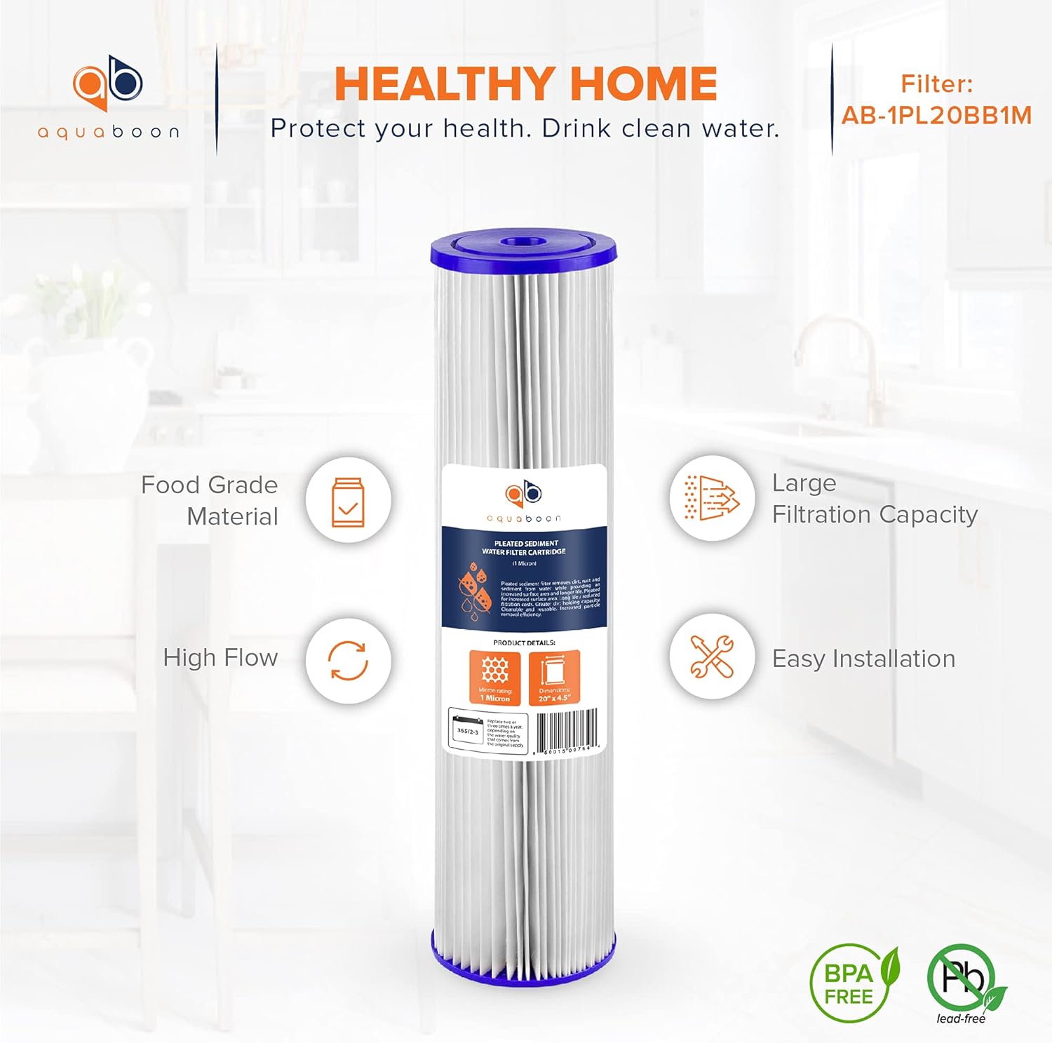 Aquaboon Cartucho de repuesto de filtro de agua de sedimento plisado de 20 x 4.5 pulgadas  Filtración de sedimentos para toda la casa  Compatible