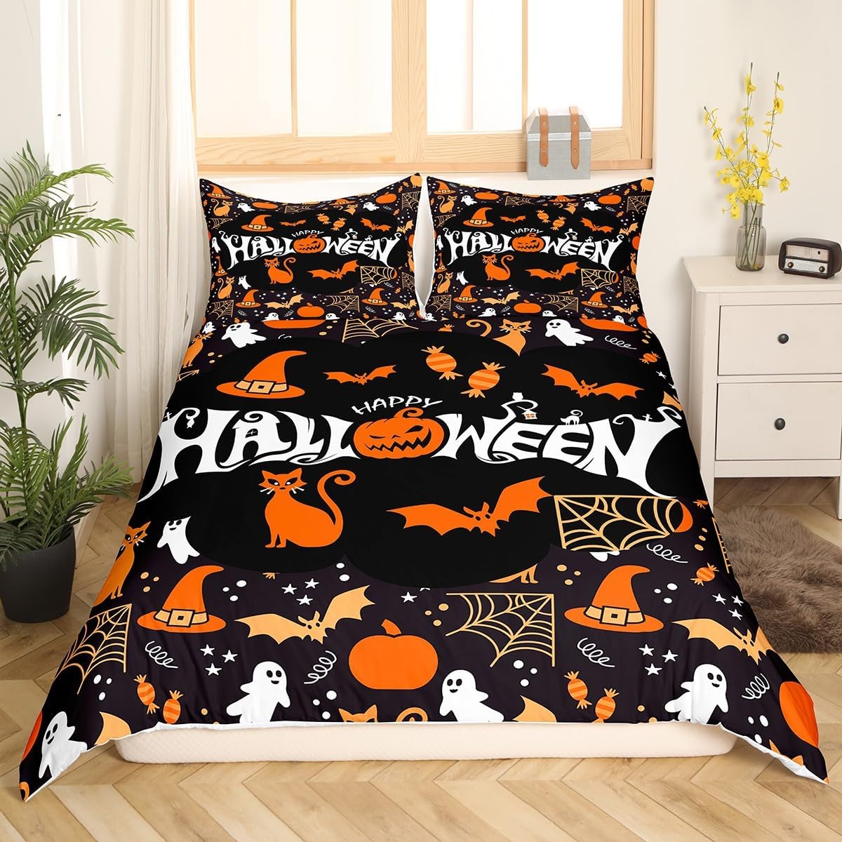 Decoración de Halloween, funda de edredón matrimonial, funda de edredón de calabaza fantasma, gato, telaraña, murciélago, juego de ropa de cama para