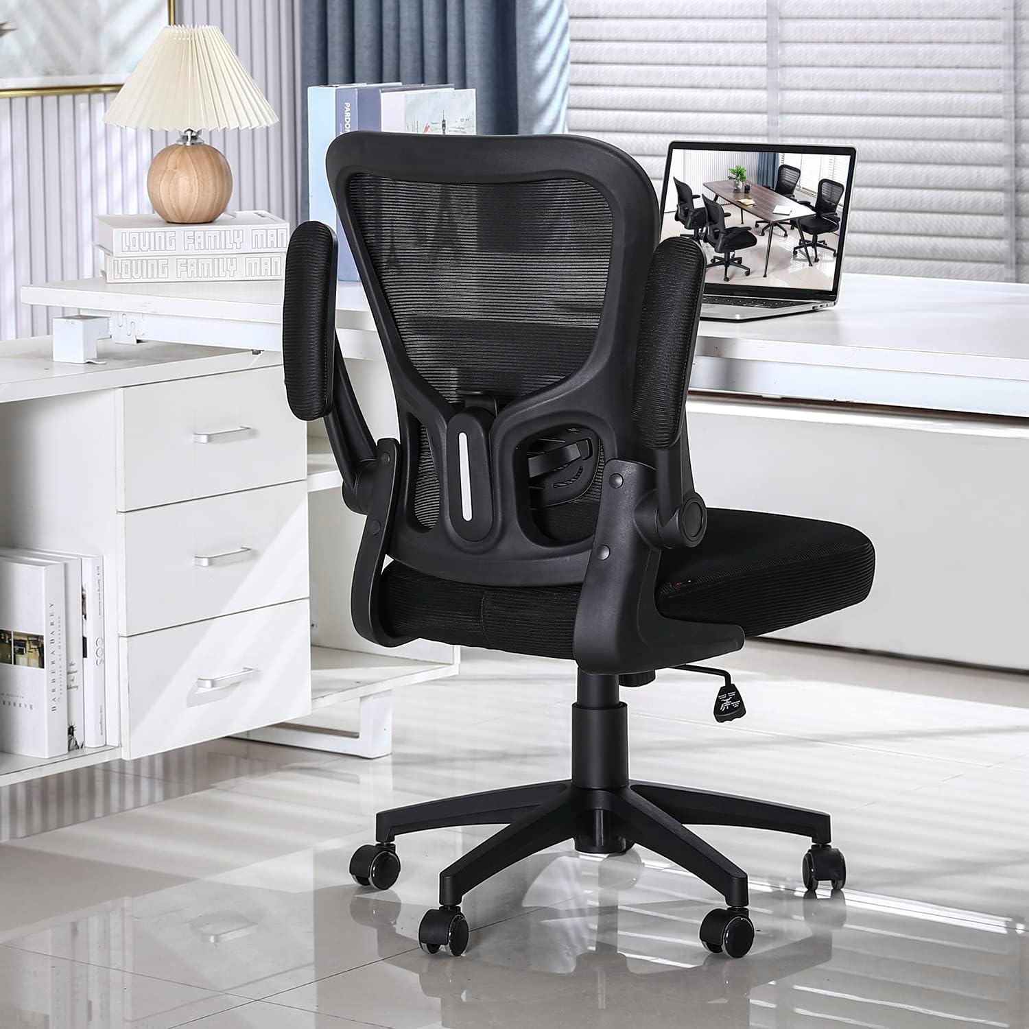 Furniliving Silla de oficina ergonómica de malla, silla de oficina en casa, silla de trabajo con respaldo medio con soporte lumbar, función de