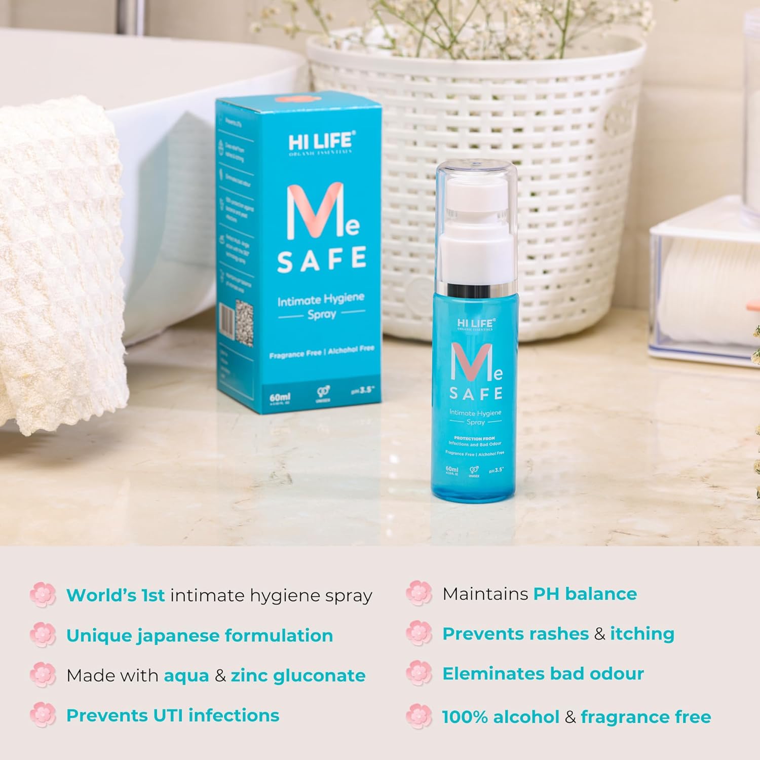 Hi Life Me SAFE – Spray íntimolavado  Higiene femenina para mujeres enriquecida con gluconato de zinc  Antifúngico y antibacteriano evita picazón