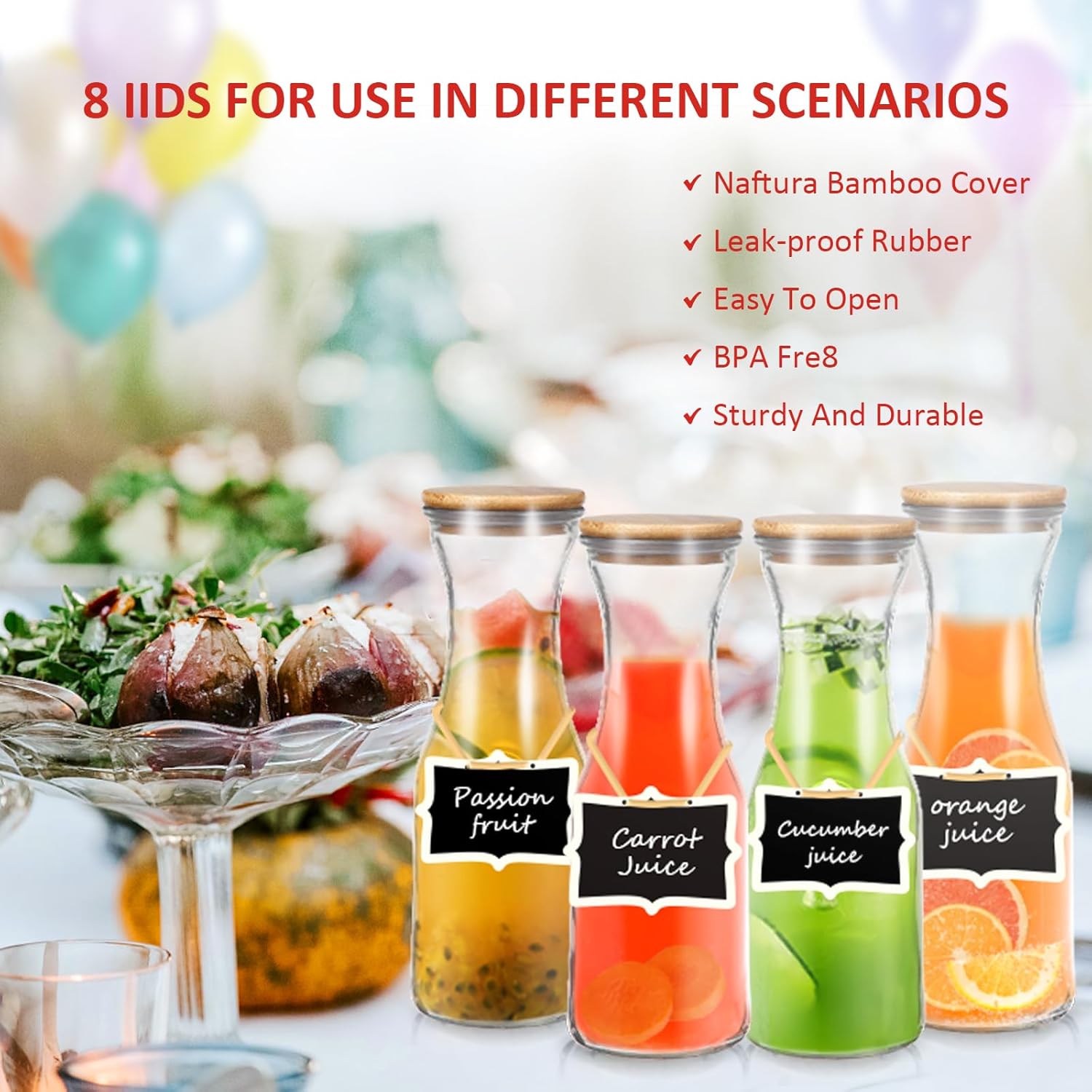 Jarra con tapas Juego de 4 jarras de vidrio con tapas de bambú de 1 litro para barra de mimosa con 4 tarjetas etiquetadas jarra de jugo para barra
