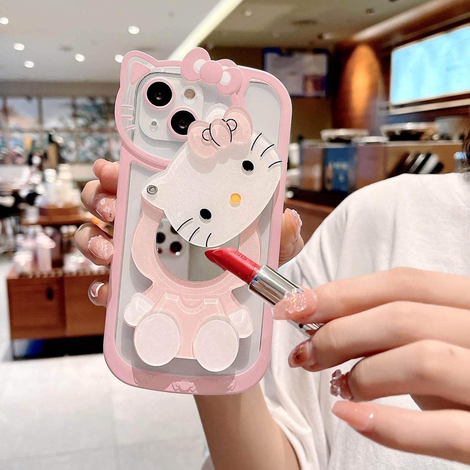 Funda para iPhone 15 Plus Kawaii Pink Cute Cartoon Phone Case con espejo, elegante y bonita funda para iPhone 15 Plus de 6.7 pulgadas, color rosa