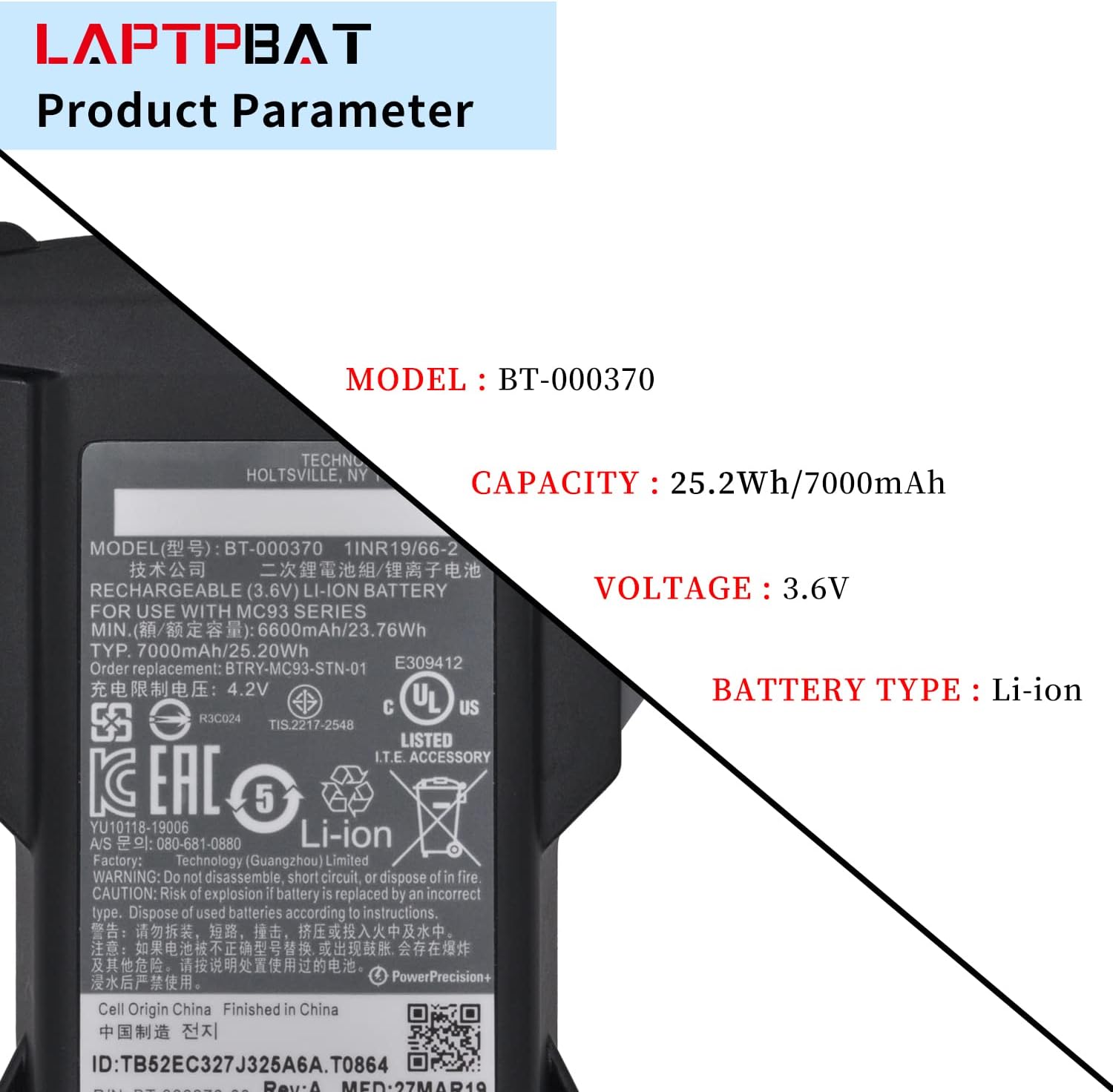 Nuevo BT-000370 Batería para Zebra MC93 MC9300 BTRY-MC93-STN-01 BTRY-MC93-NI-10 BTRY-MC93-FZ-10 PN BT-000370-00 Escáner de código de barras 3.6V