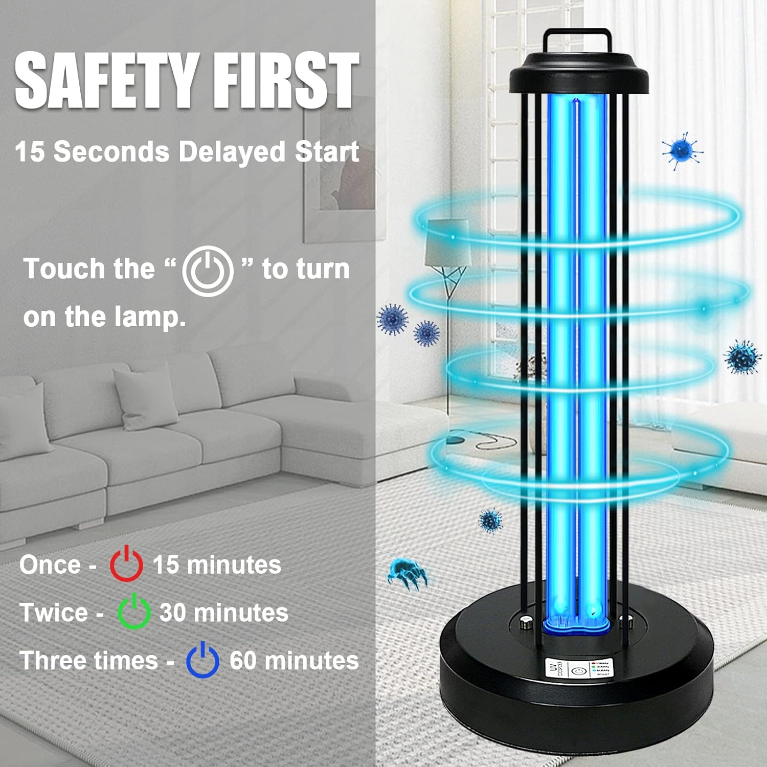 COOSPIDER UV Desinfectante de luz Lámpara germicida UVC de 38 vatios con control remoto de 185 nm, lámpara esterilizadora para eliminación de olores