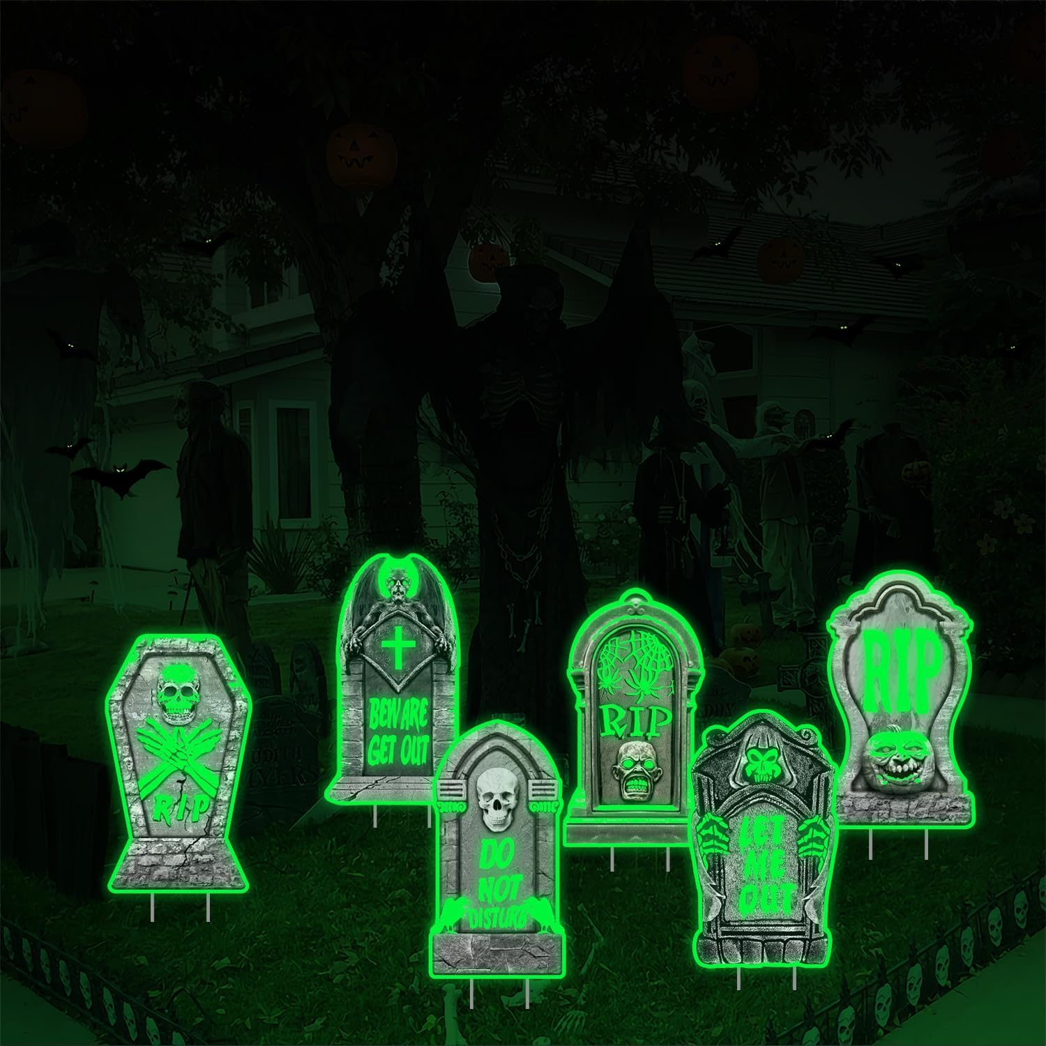 Letrero de Halloween para patio, 6 piezas que brillan en la oscuridad, con estacas, accesorios de Halloween para patio, jardín, exteriores,