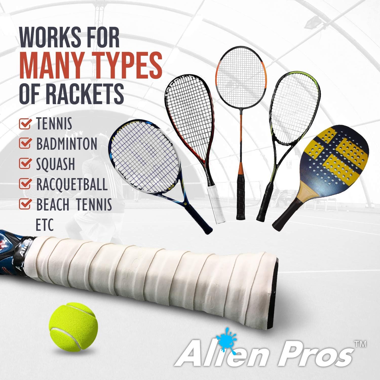 Alien Pros – Cinta de agarre para raqueta de tenis (6, 12 o 60 agarres), agarre de tenis precortado y con sensación seca, cinta de agarre para