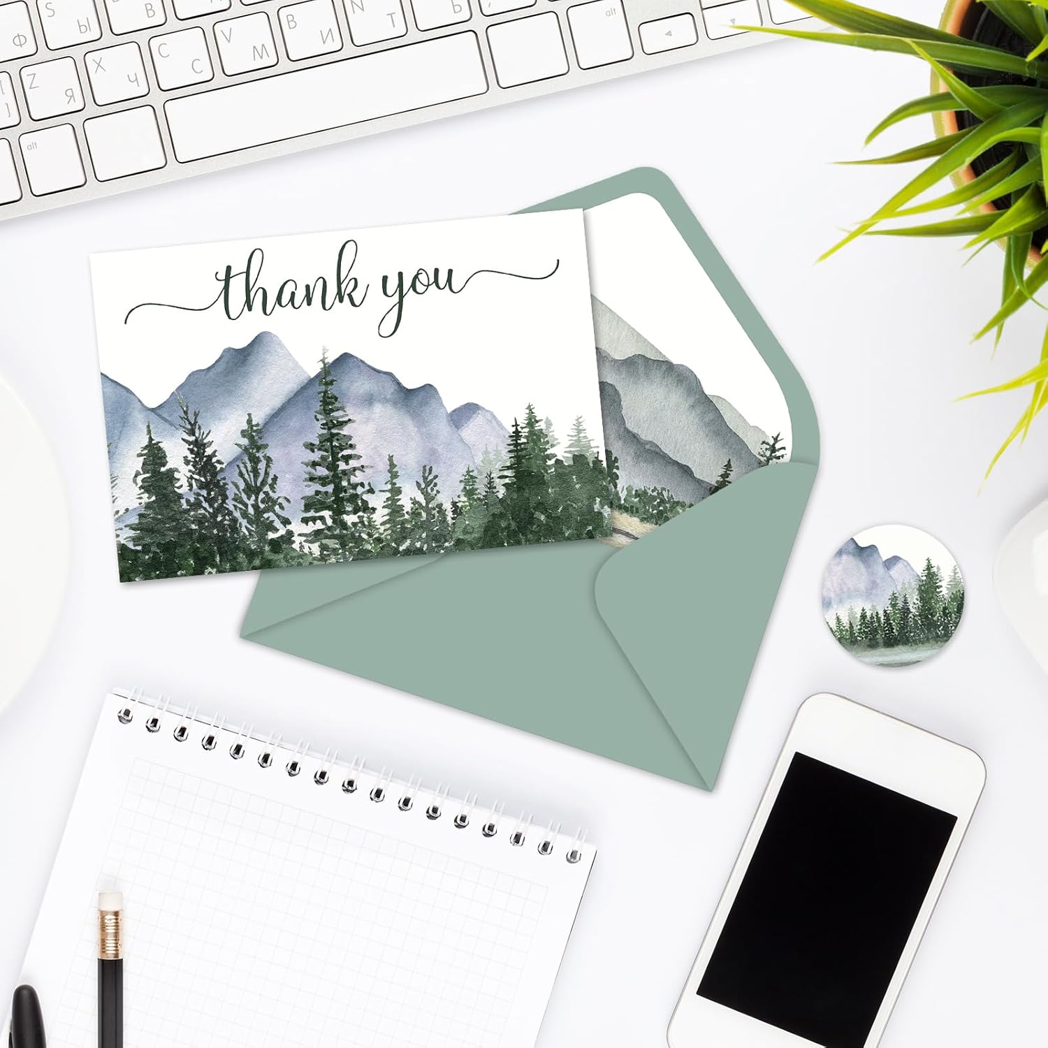 AnyDesign – 25 tarjetas de felicitación de bosque de acuarela, tarjetas de agradecimiento con sobres y calcomanías adhesivas, tarjeta de regalo en