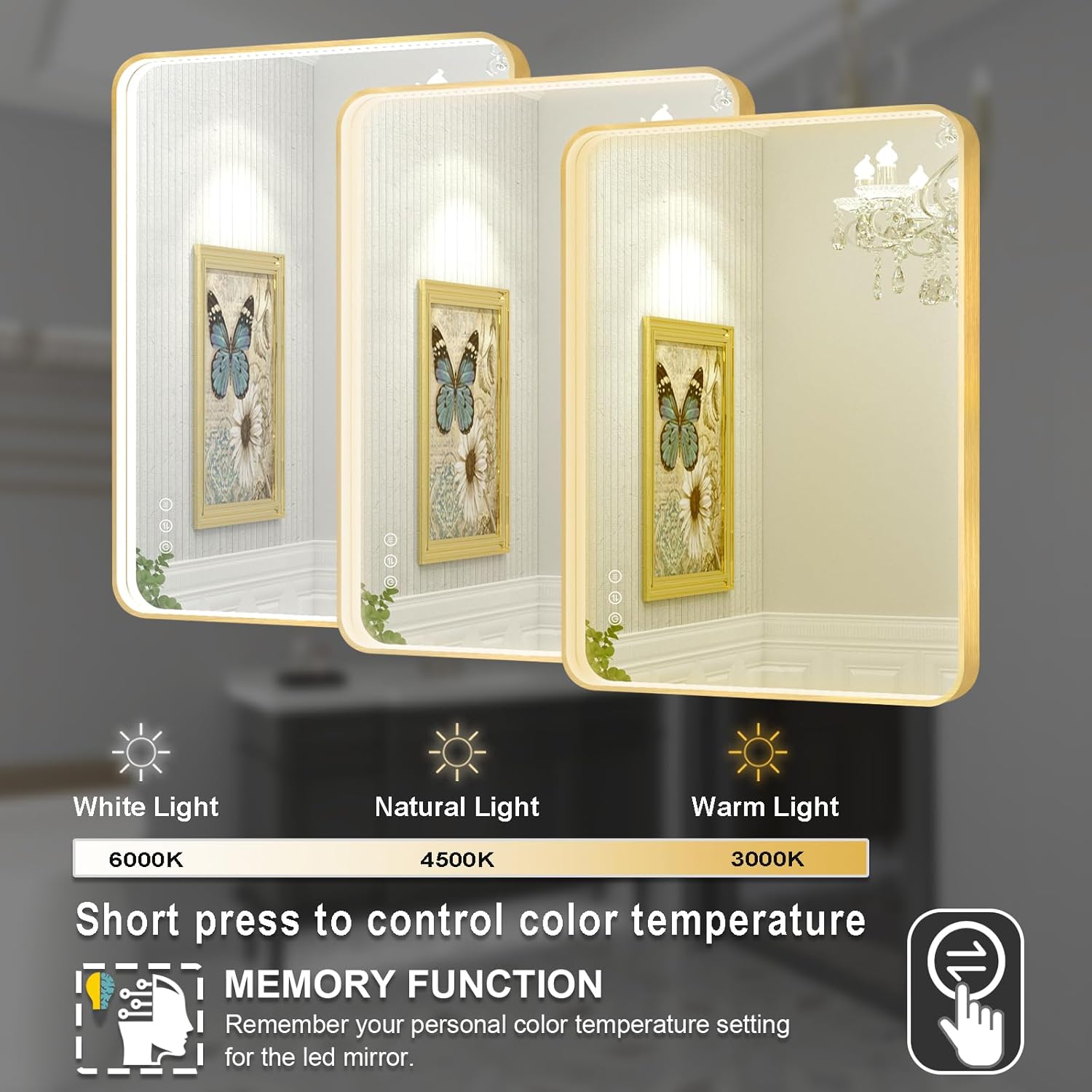 Twalsu Espejo de baño LED de 24 x 36 pulgadas con luces, espejo LED con marco de metal dorado para baño, 3 colores y espejo de tocador iluminado