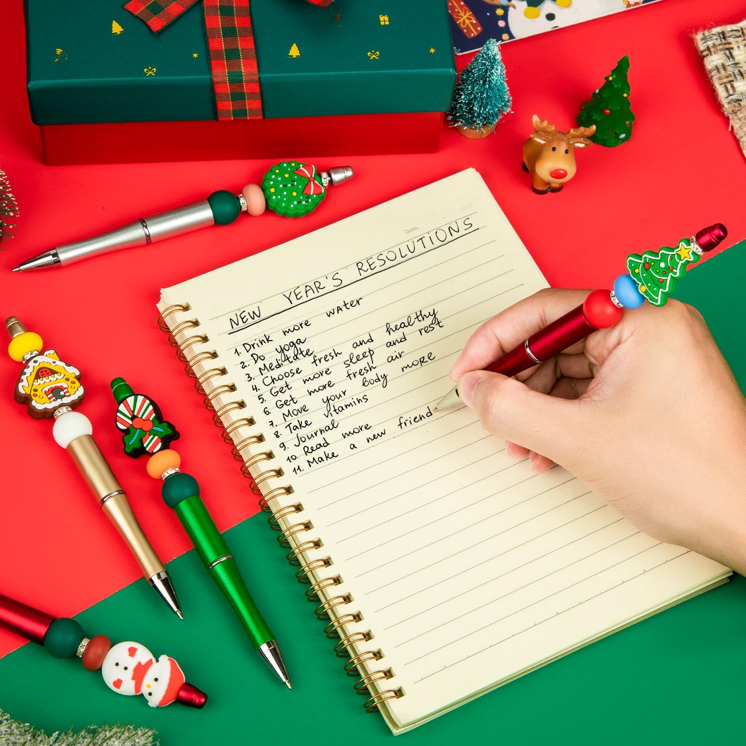 12 bolígrafos de Navidad con cuentas, bolígrafos de cuentas de plástico, bolígrafos de cuentas de silicona, muñecos de nieve, Papá Noel, para