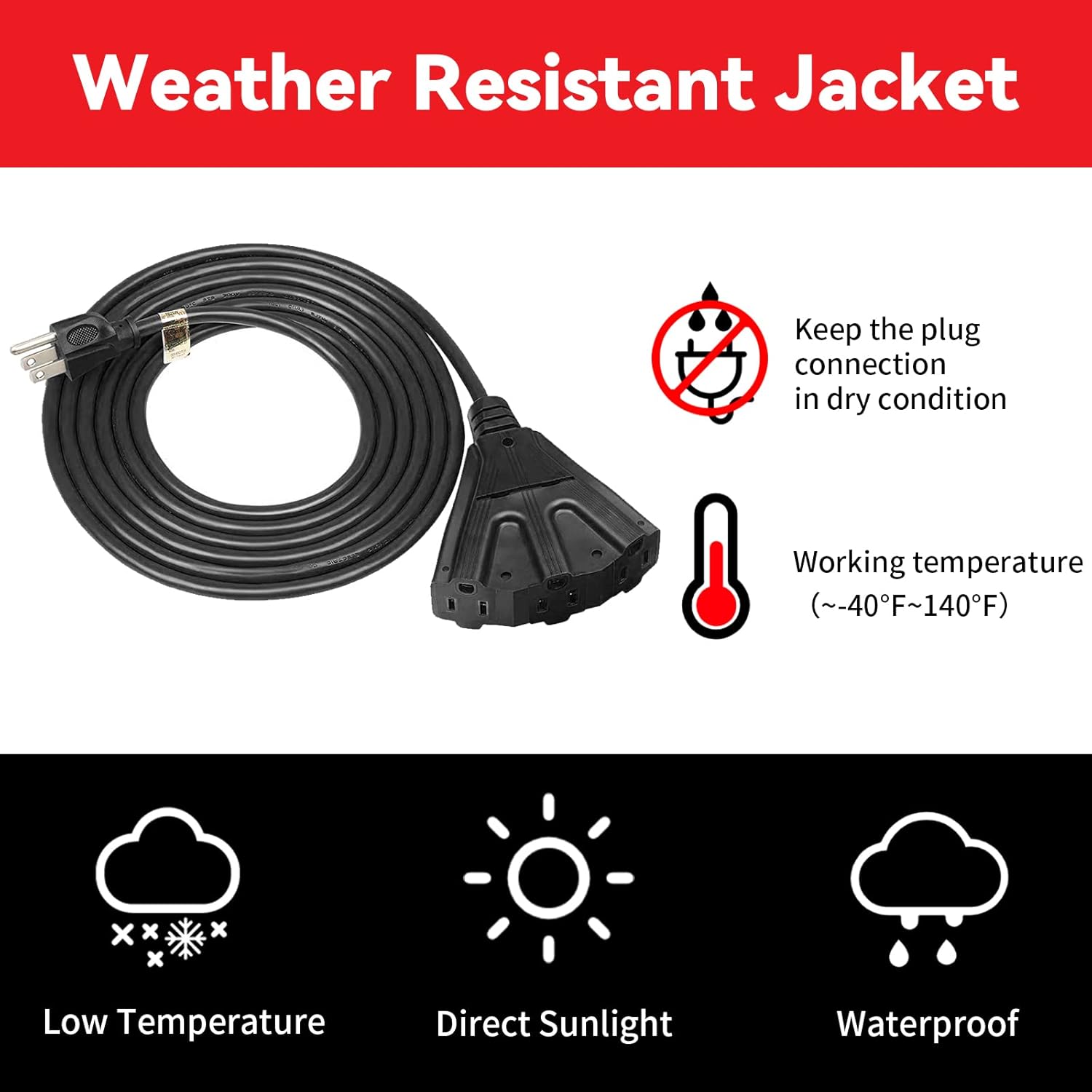 EP Cable de extensión para exteriores de 25 pies con 3 tomas de corriente eléctrica, cable negro SJTW de 163 con enchufe a tierra de 3 clavijas para