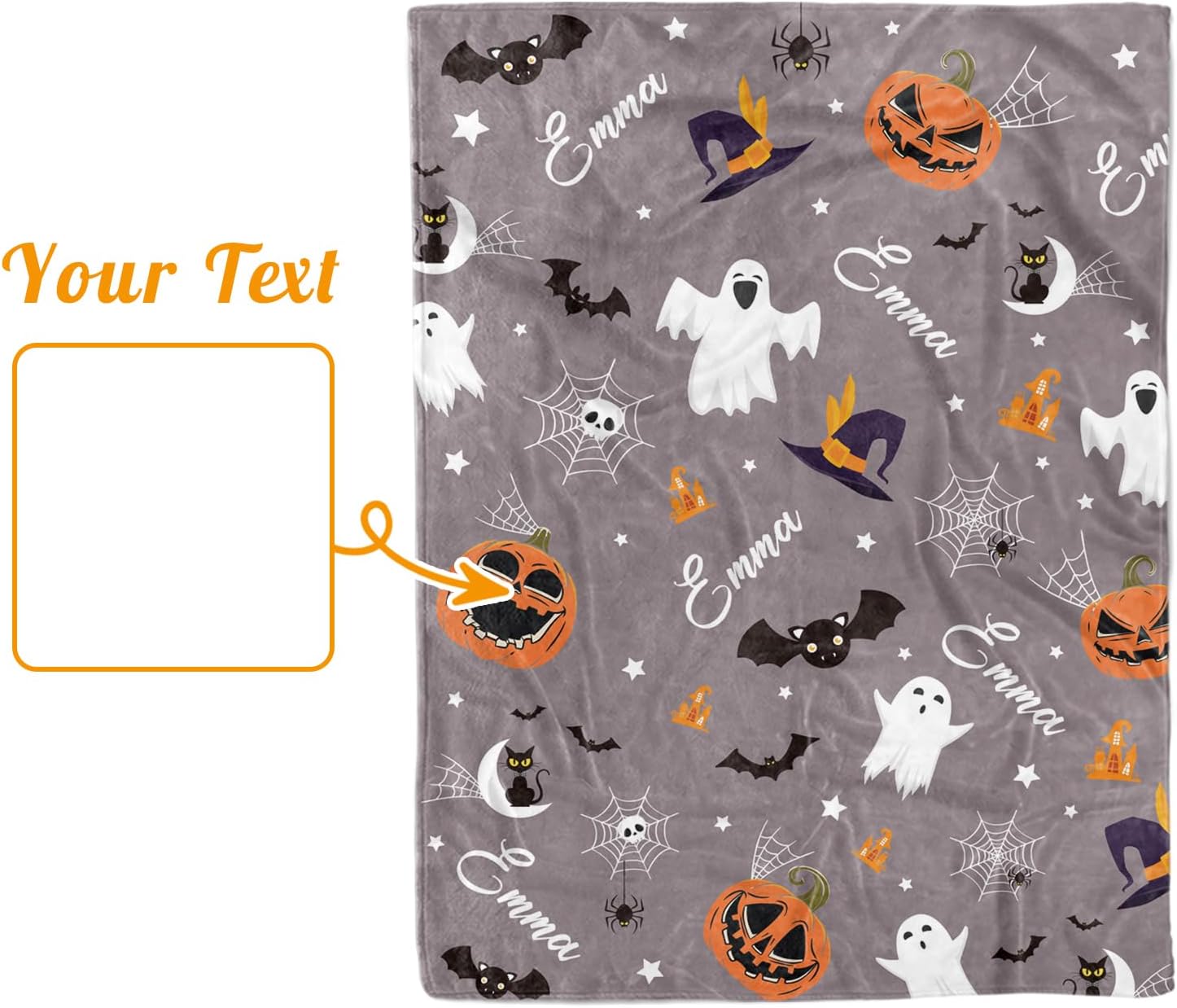 Duckbe Manta de Halloween personalizada, diseños de dibujos animados con nombre personalizable, manta de franela de felpa suave con respaldo
