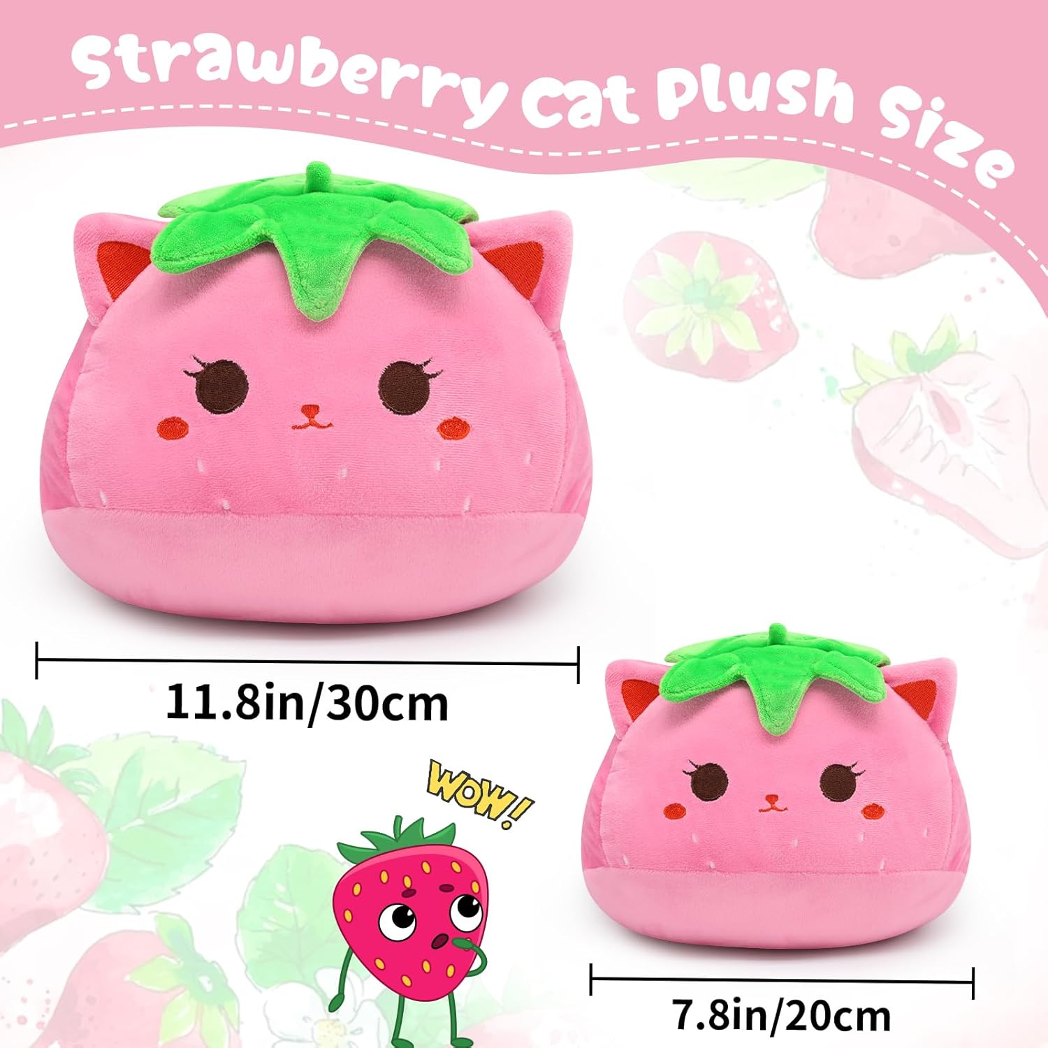 Almohada de felpa con diseño de gato de fresa de 12 pulgadas, lindo animal de peluche de gato rosa, juguete de peluche suave para niños, niñas y