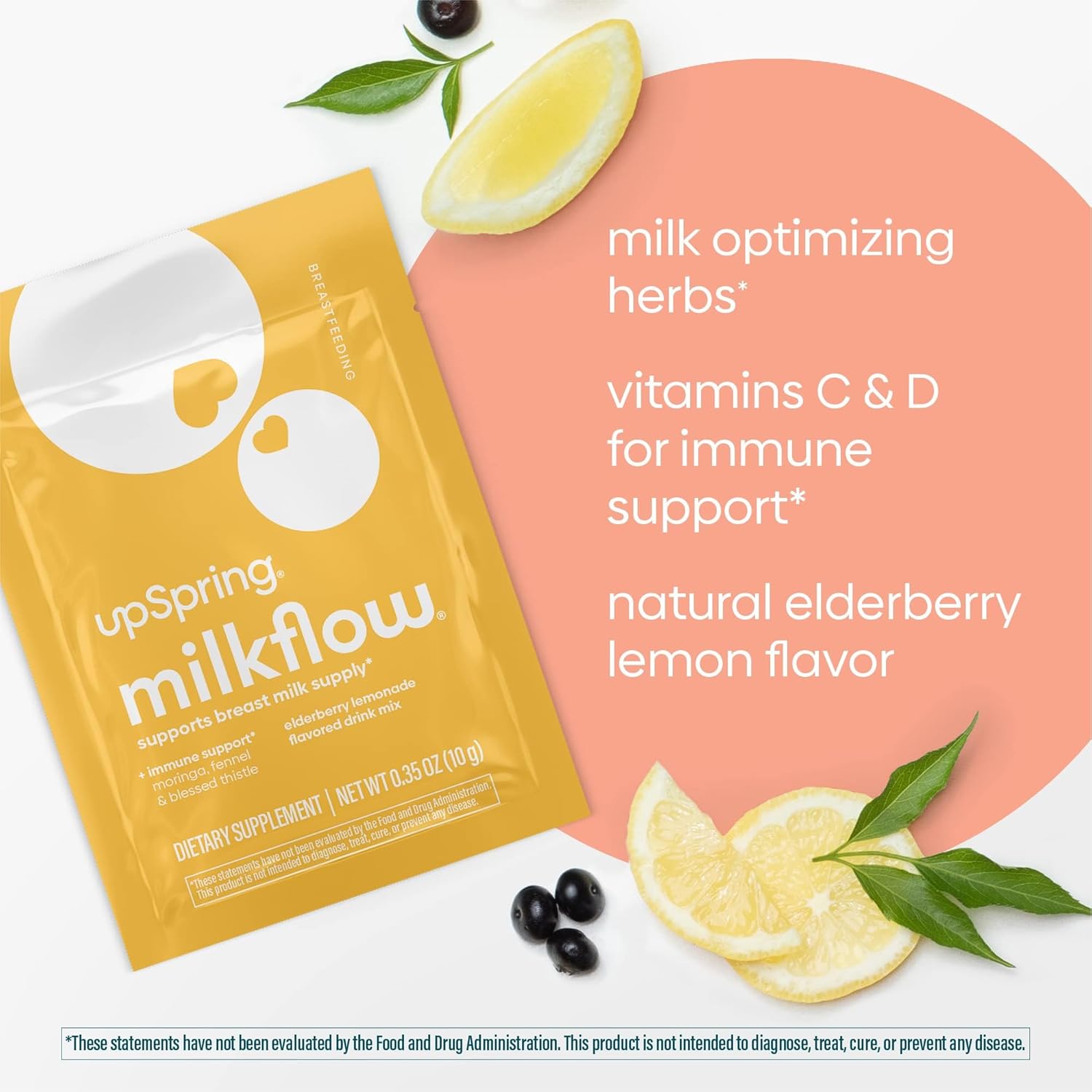 UpSpring Milkflow – Mezcla de bebida de suplemento para lactancia materna, sin fenogreco, moringa  Sabores de limonada de mora y lima de saúco