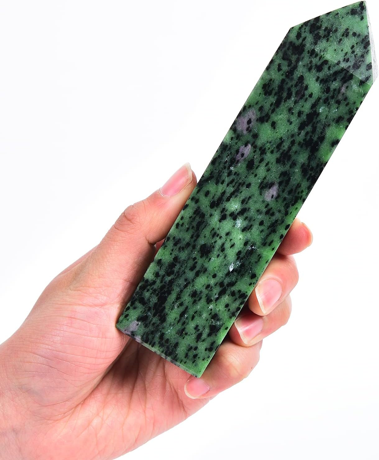 JIC Gem Varita de cristal curativo Rubí Zoisita Crystal Obelisco Torre Varita Rojo Verde Tesoro Minerales Decoración 1-1.3 lbs
