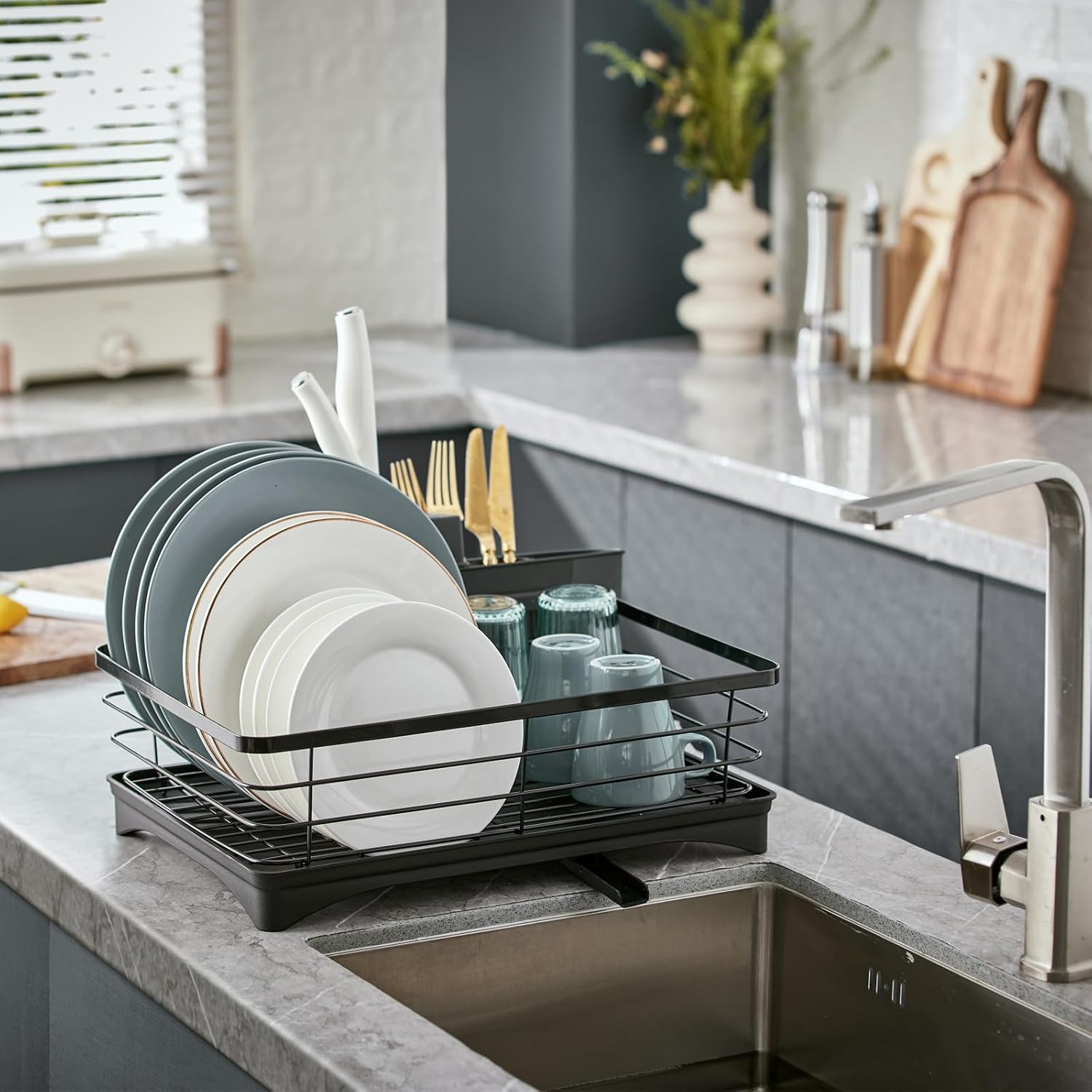 Estante de secado de vajilla de acero inoxidable y escurridor de platos para encimera de cocina, ahorro de espacio, estante de vajilla desmontable