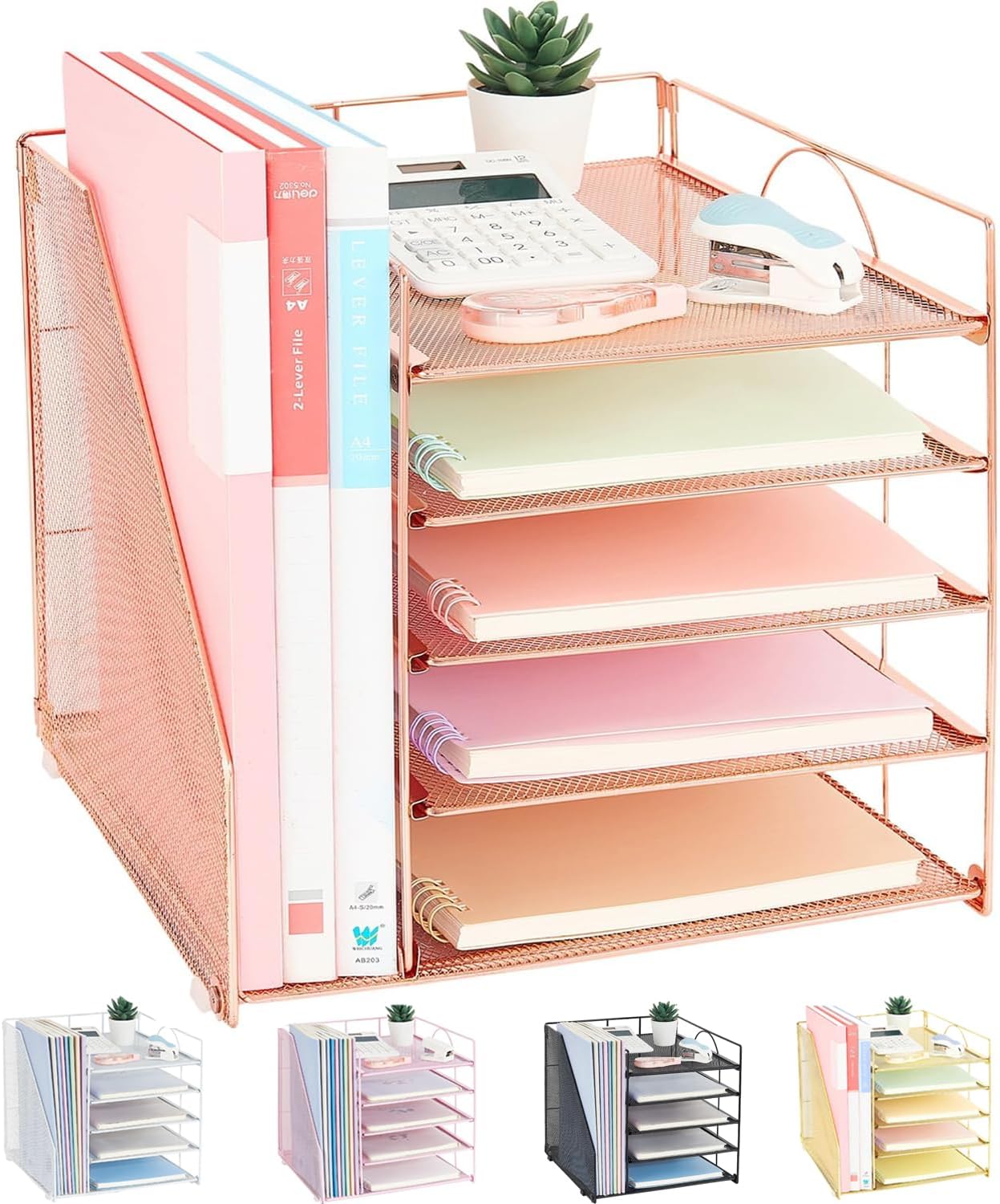 LEKETREE Organizadores de escritorio y accesorios, organizador de bandeja de papel de 5 niveles con soporte para archivos, suministros de oficina