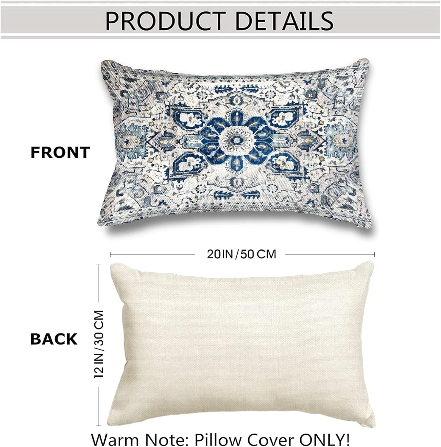 Snycler Juego de 2 fundas de almohada de estilo bohemio azul con patrón étnico de lino, alfombra persa, patrón tribal, funda de cojín de 12 x 20