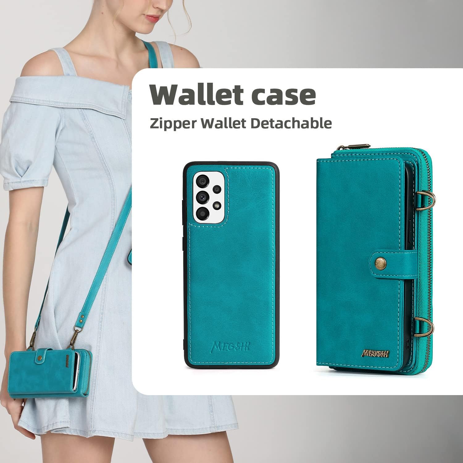 Compatible con Samsung Galaxy A32 5G 2021 6.5 pulgadas Funda tipo cartera con soporte de correa de hombro multifunción 2 en 1 cubierta magnética