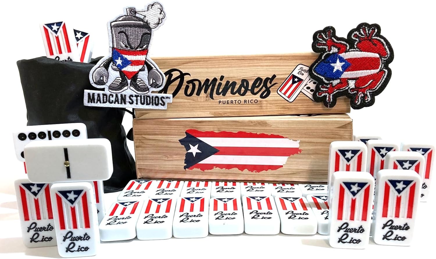 Juego de fichas de dominó con bandera de dominó de Puerto Rico, Boricua PR Puerto Rican Classic imprescindible bolsa de viaje incluida, tamaño